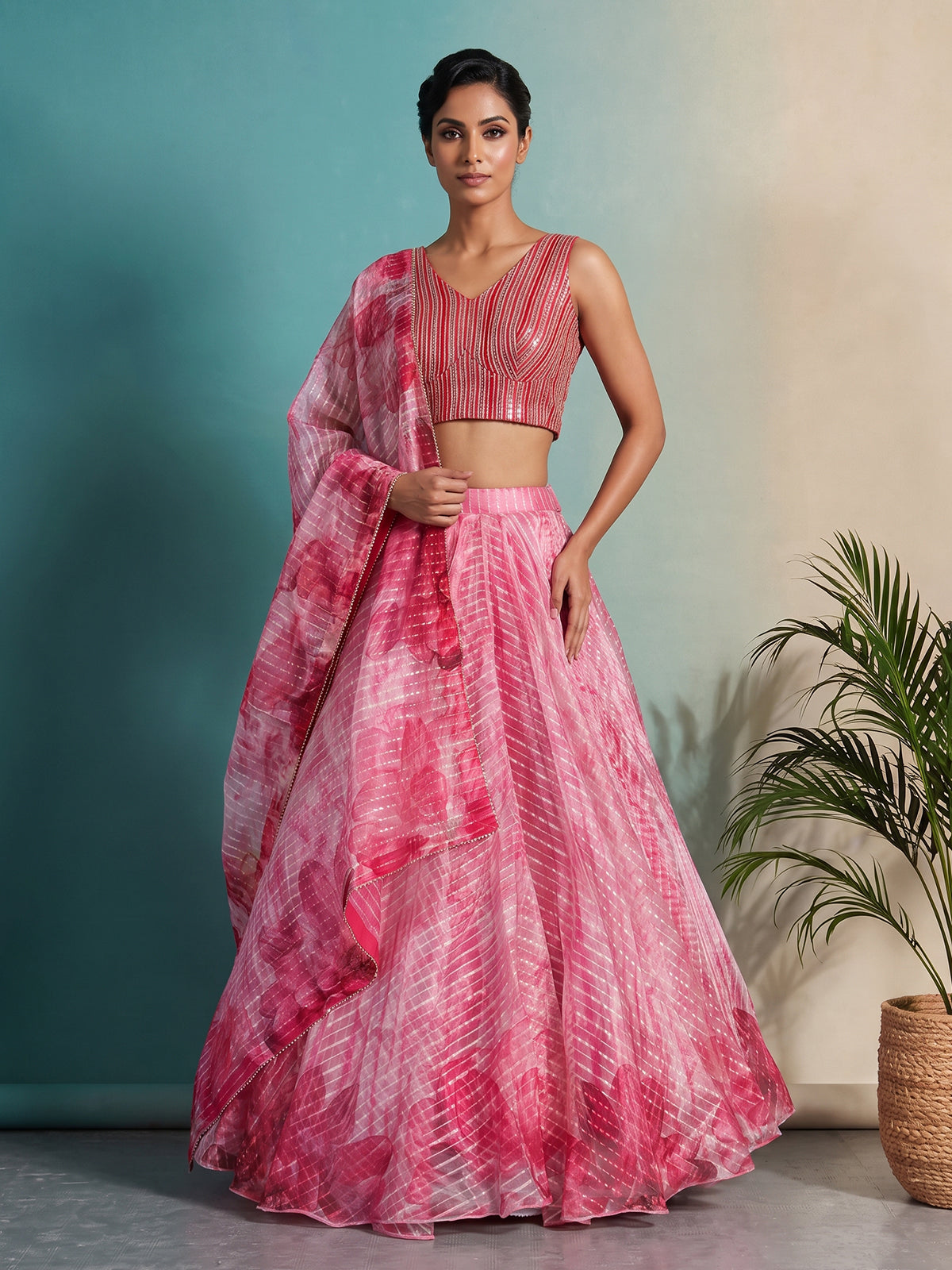 Pink printed georgette festive lehenga statement