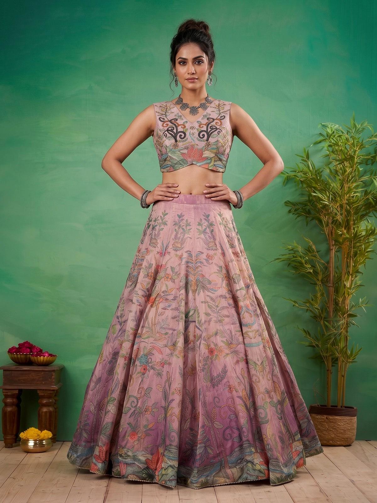 Pink floral printed georgette silk wedding ensemble lehenga choli for women