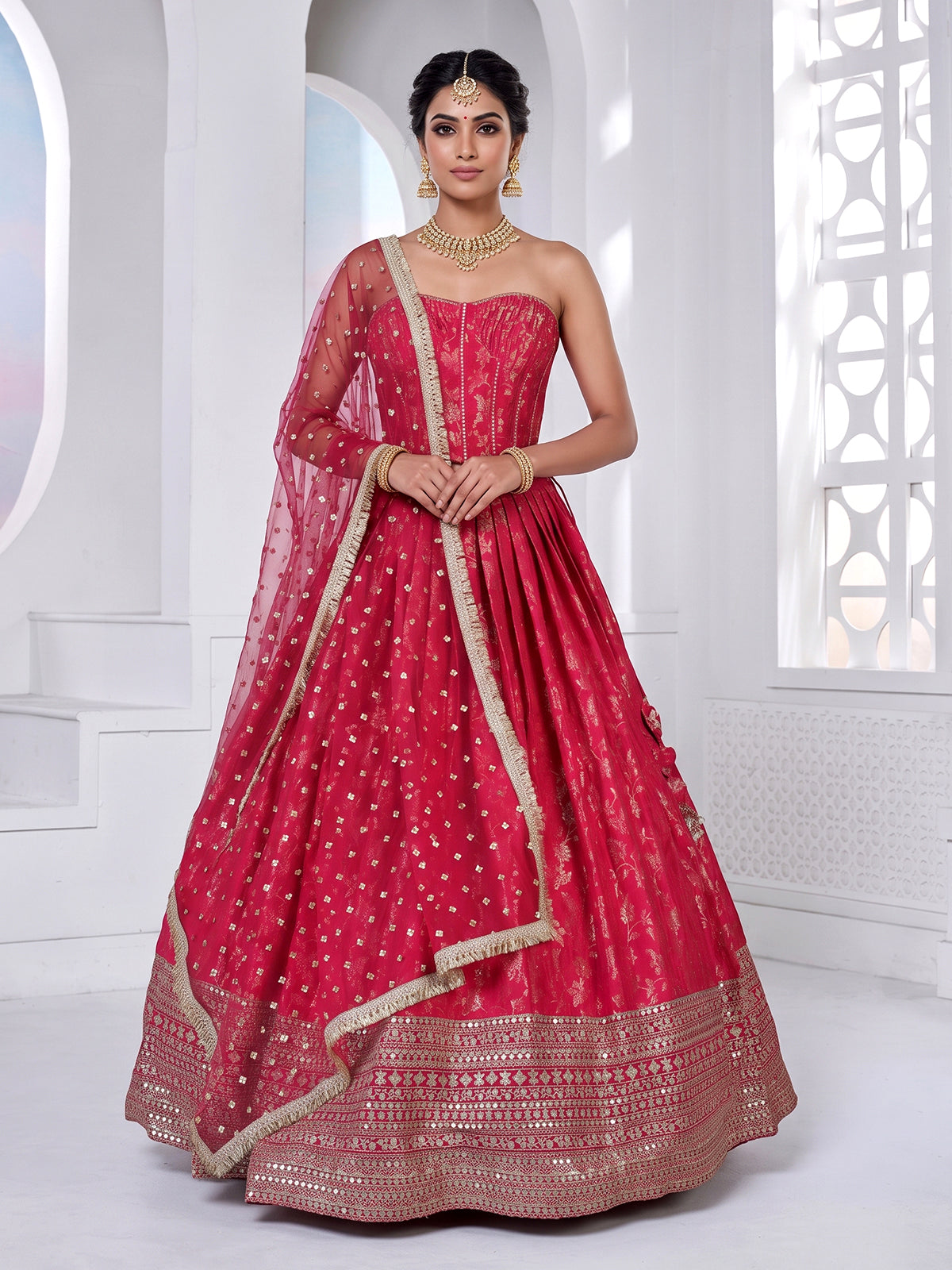 Rani pink corset style cotton silk festive lehenga choli ensemble