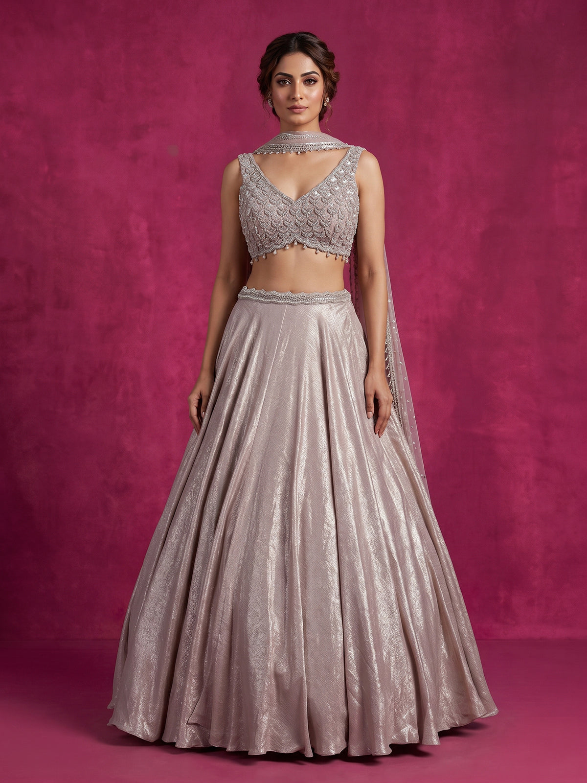 Baby pink tissue silk choker festive lehenga choli