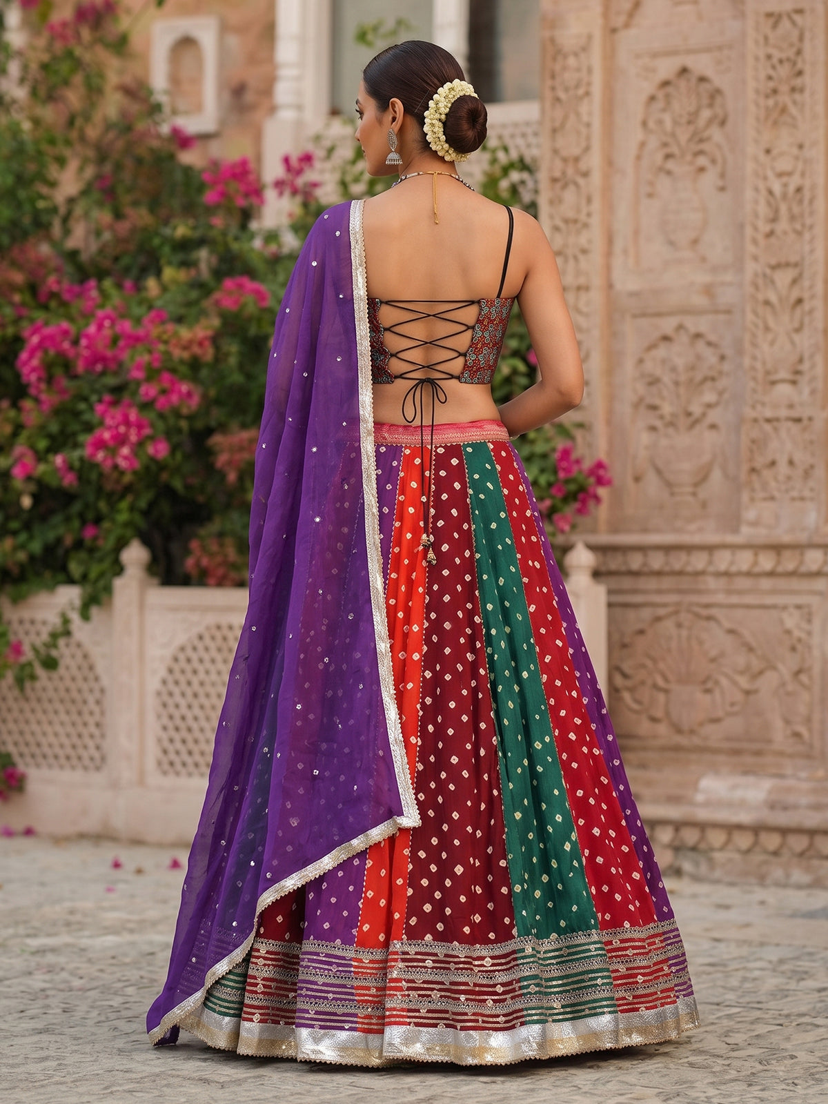 Multi colour printed navratri cotton silk fusion attire lehenga choli