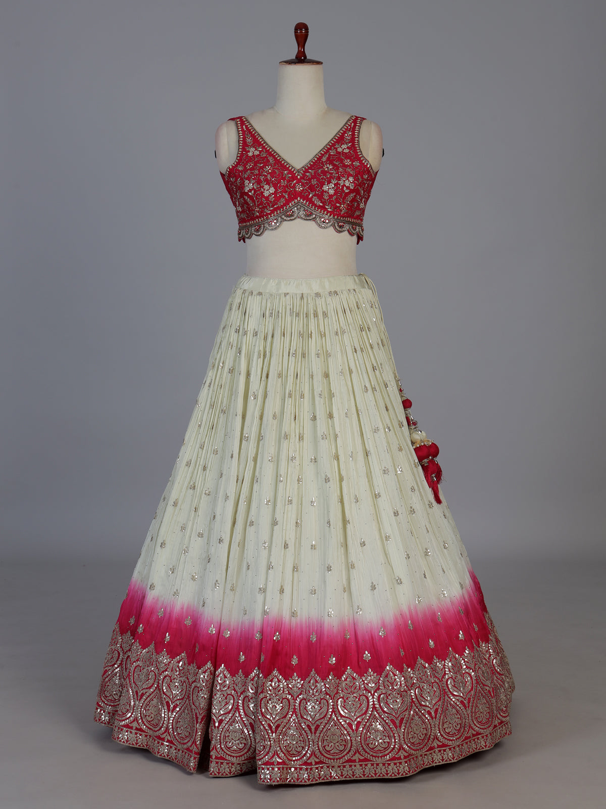 Rani pink ombre sheen silk wedding lehenga choli ensemble