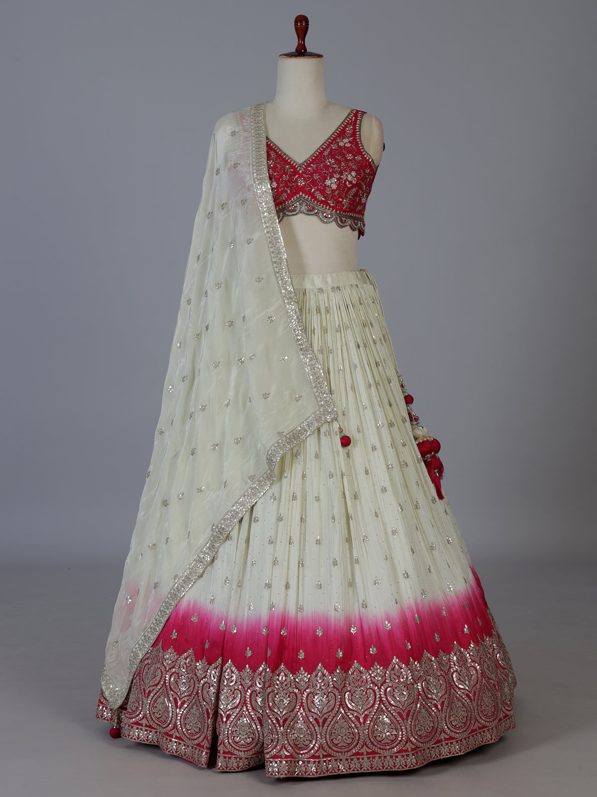 Rani pink ombre sheen silk wedding lehenga choli ensemble