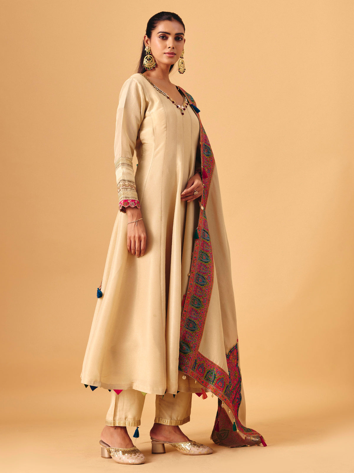 Beige tissue silk anarkali suit with dupatta for women