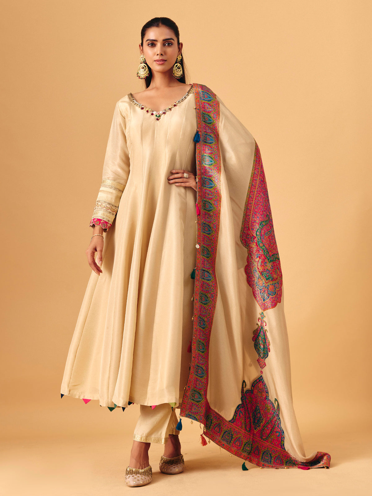 Beige tissue silk anarkali suit with dupatta for women
