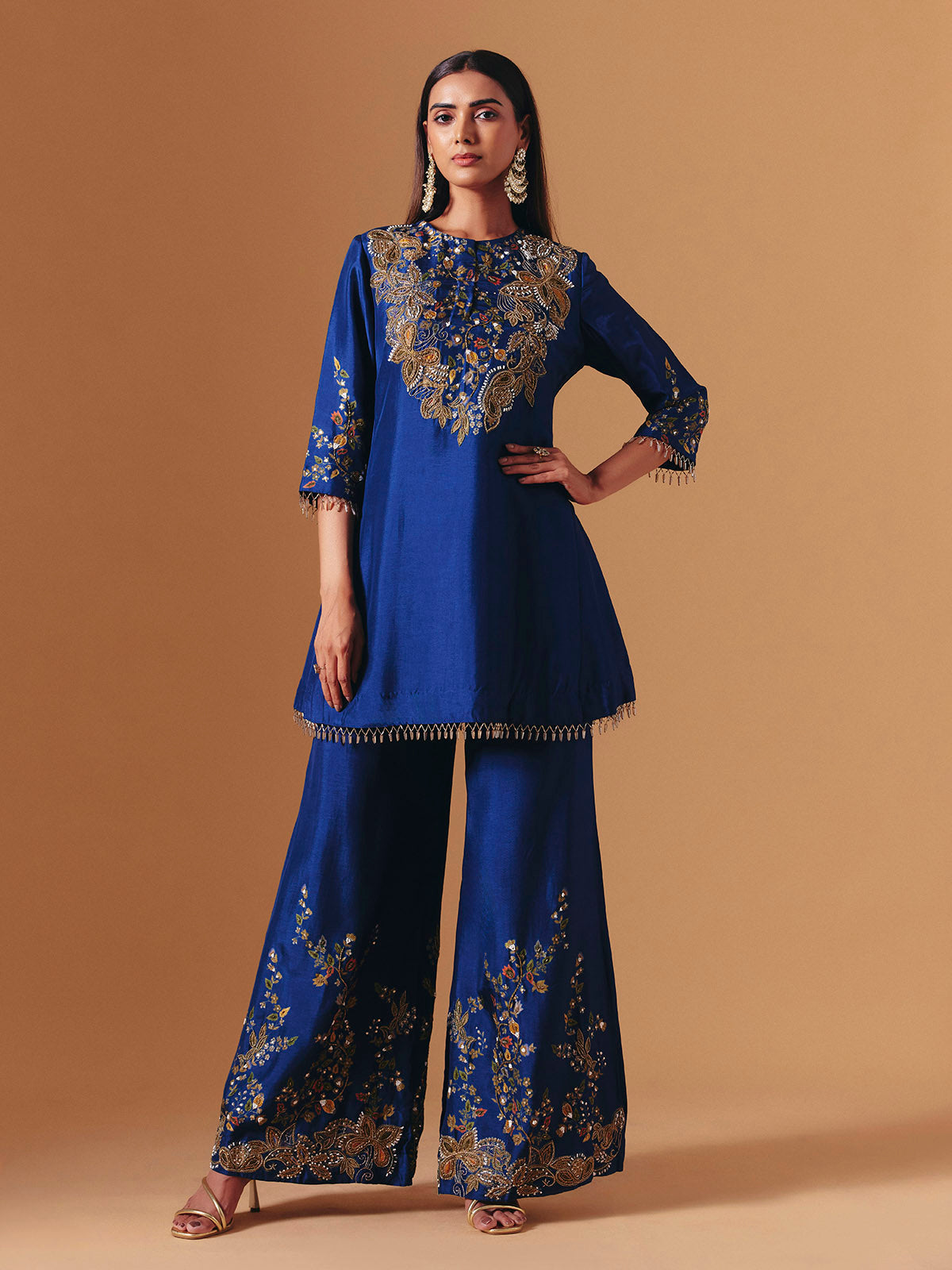 Royal blue silk floral palazzo suit with elegant yoke style for women