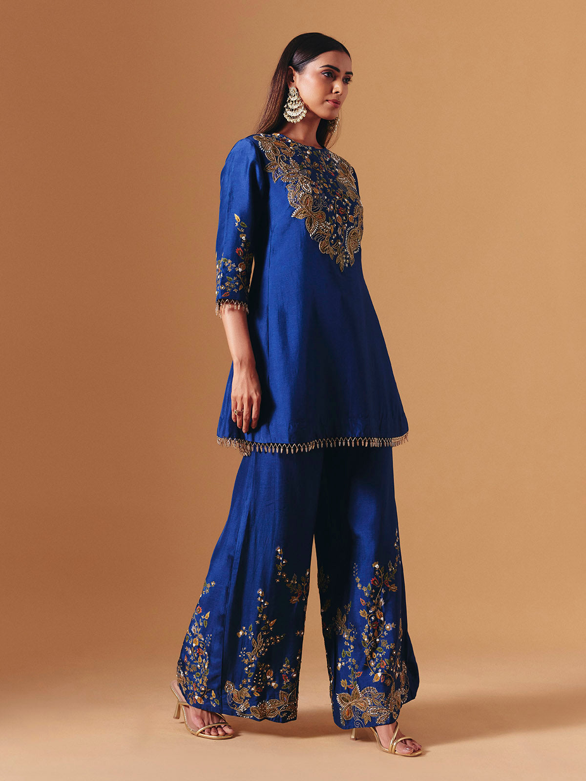 Royal blue silk floral palazzo suit with elegant yoke style for women