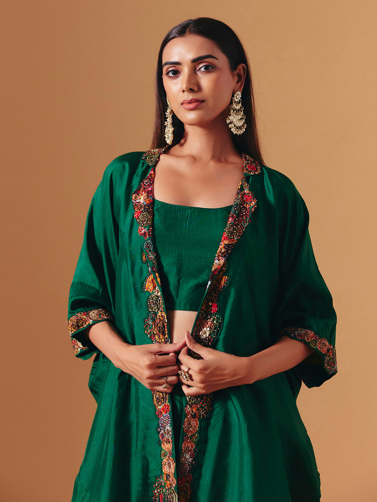 Green silk designer floral palazzo suit for women