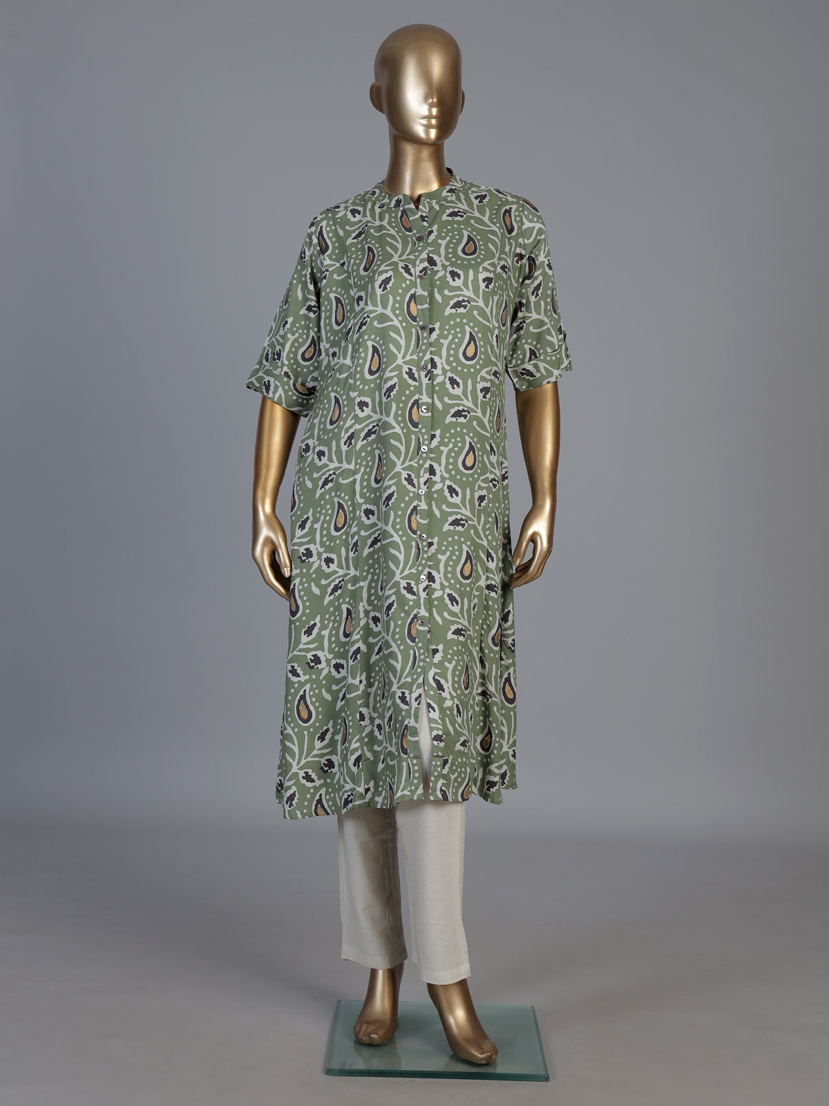 Pista green cotton silk floral printed stand collar casual kurti