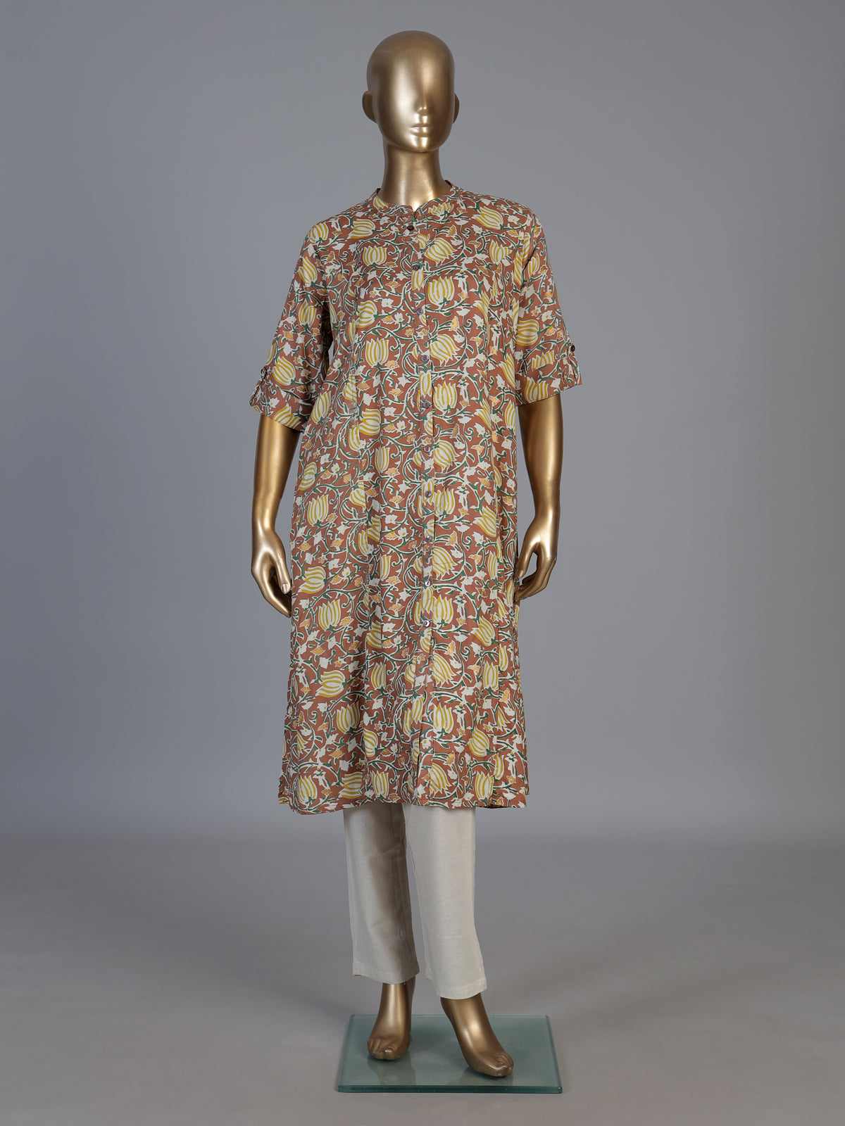 Light brown cotton silk floral printed stand collar casual elegant kurti