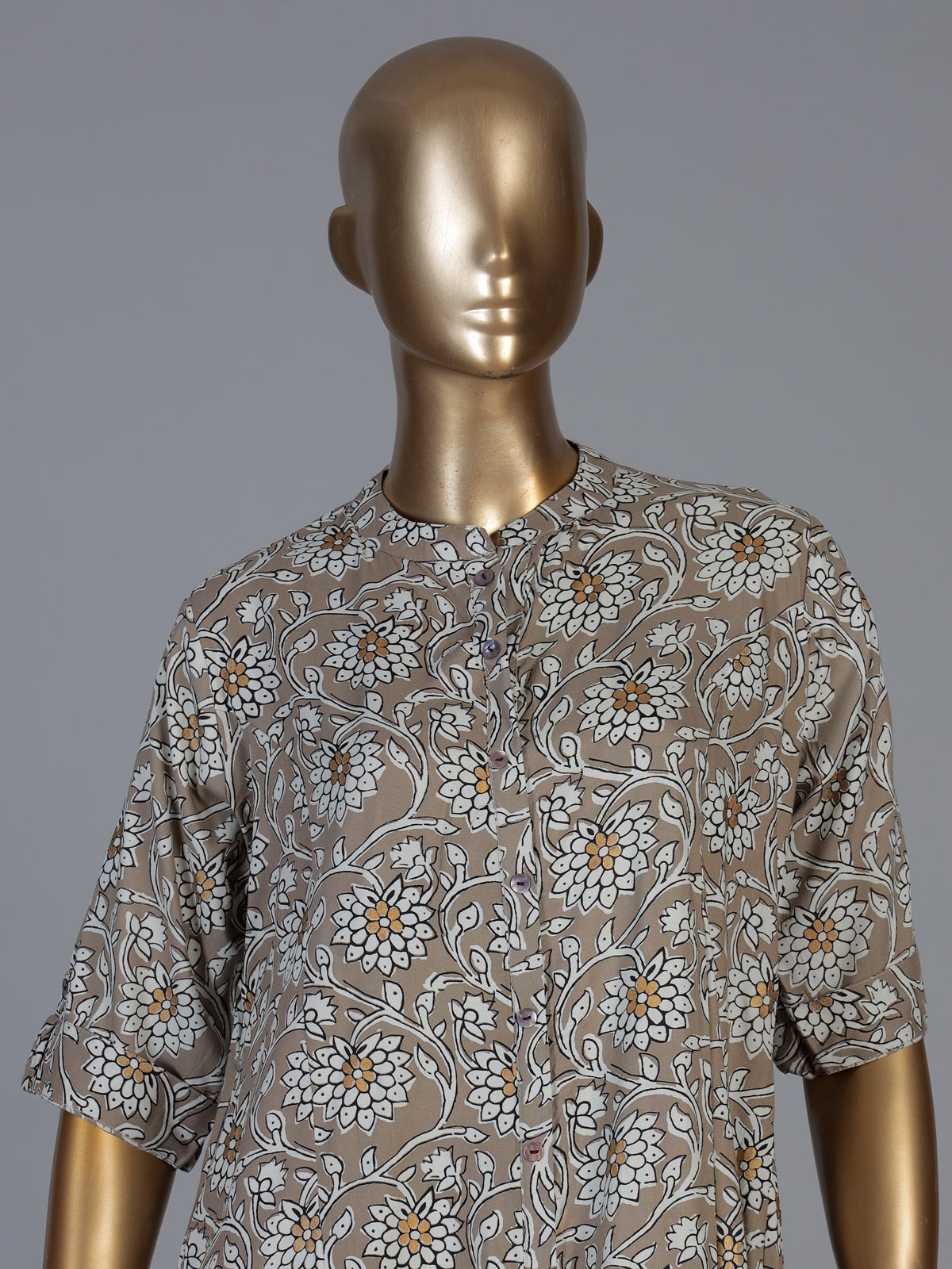 Grey cotton silk floral printed casual stand collar elbow sleeve kurti