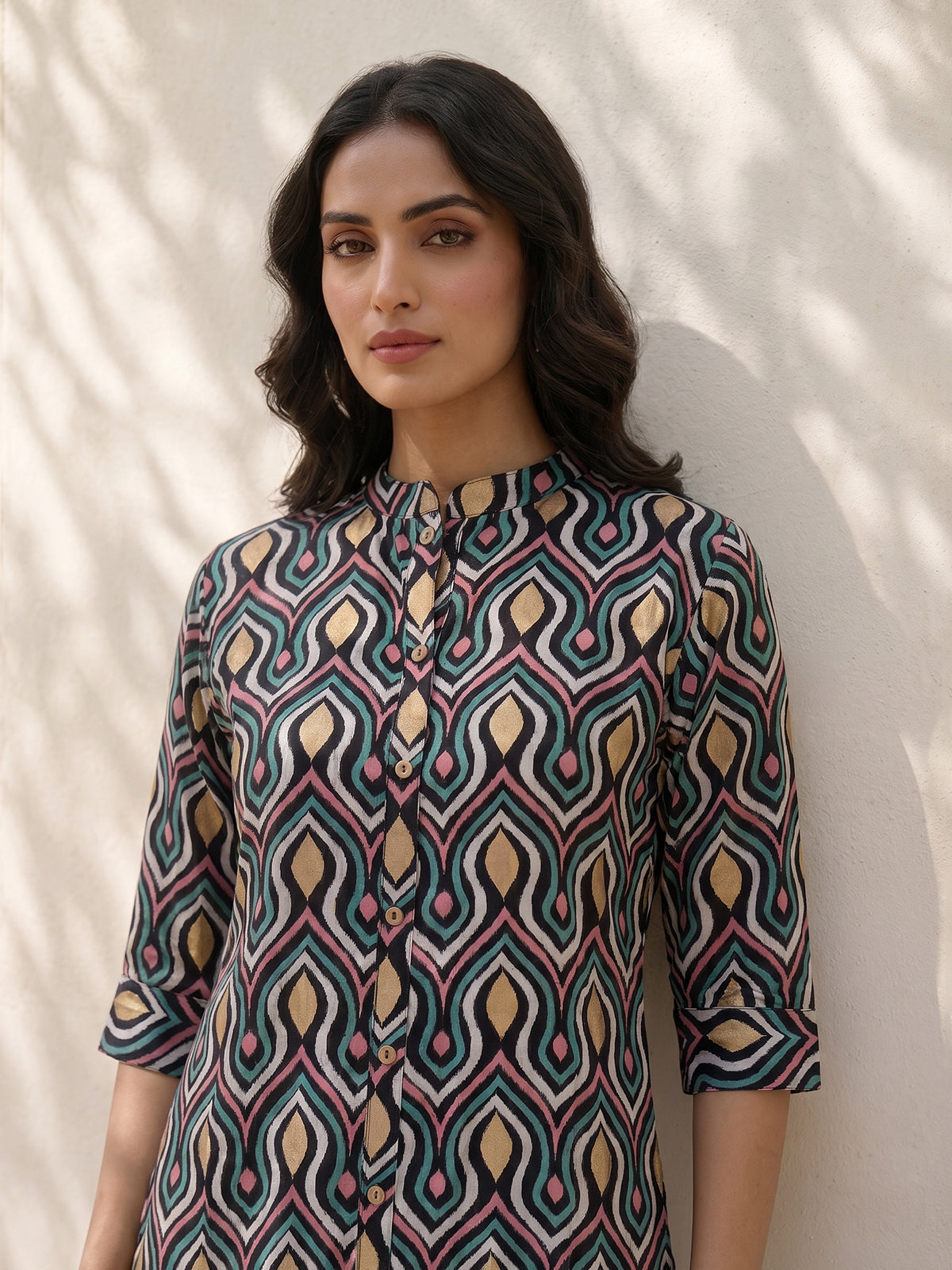 Black cotton silk texture printed casual stand collar elbow sleeve kurti