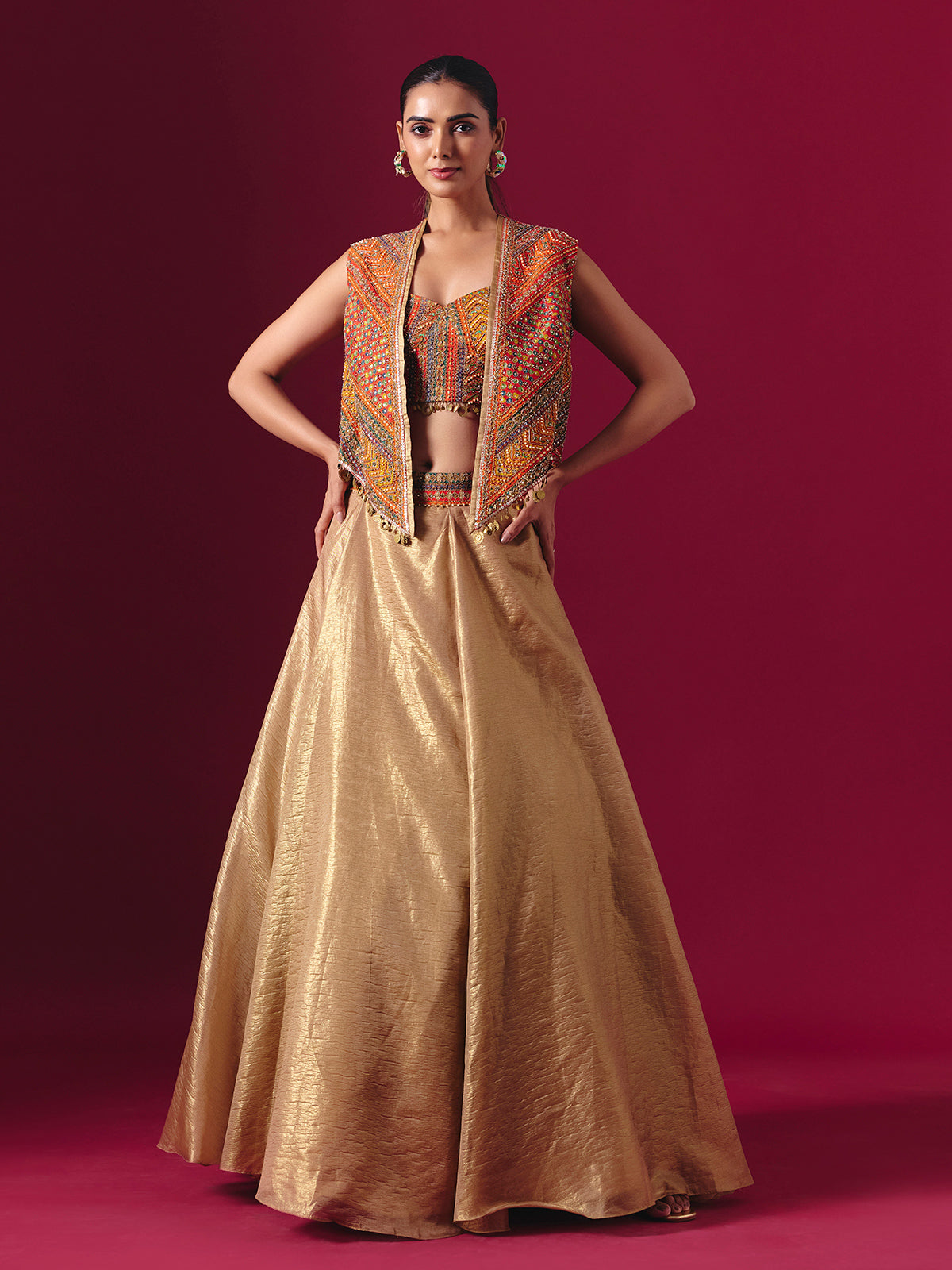 Orange and gold tissue silk jacket style designer lehenga choli