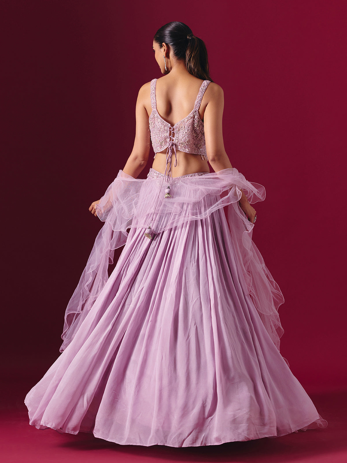 Lilac purple chiffon designer lehenga choli with ruffle dupatta style