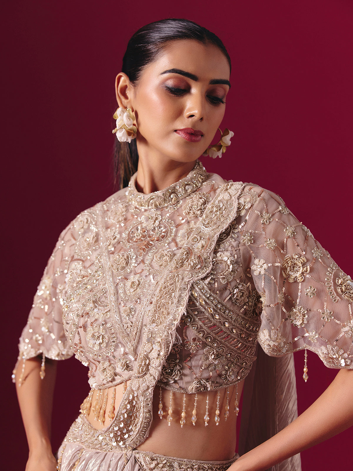 Beige crushed tissue silk designer lehenga choli with attached dupatta