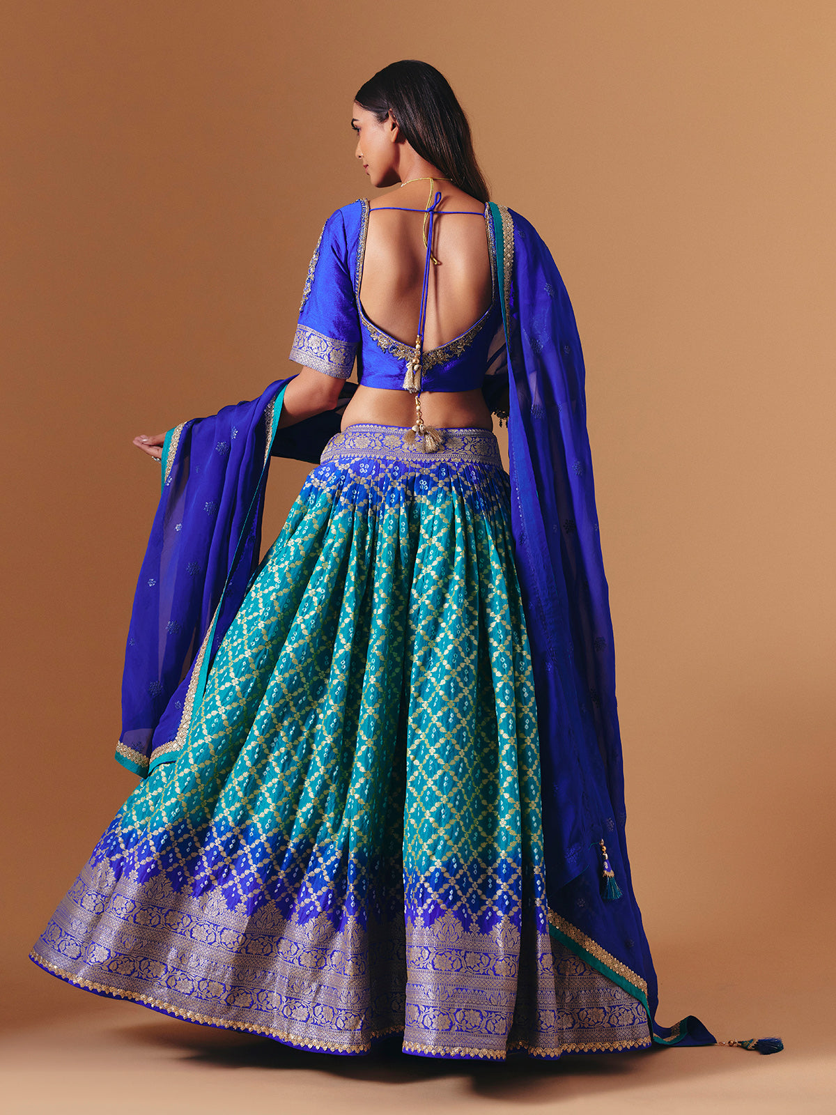 Blue and green silk designer lehenga choli with shaded