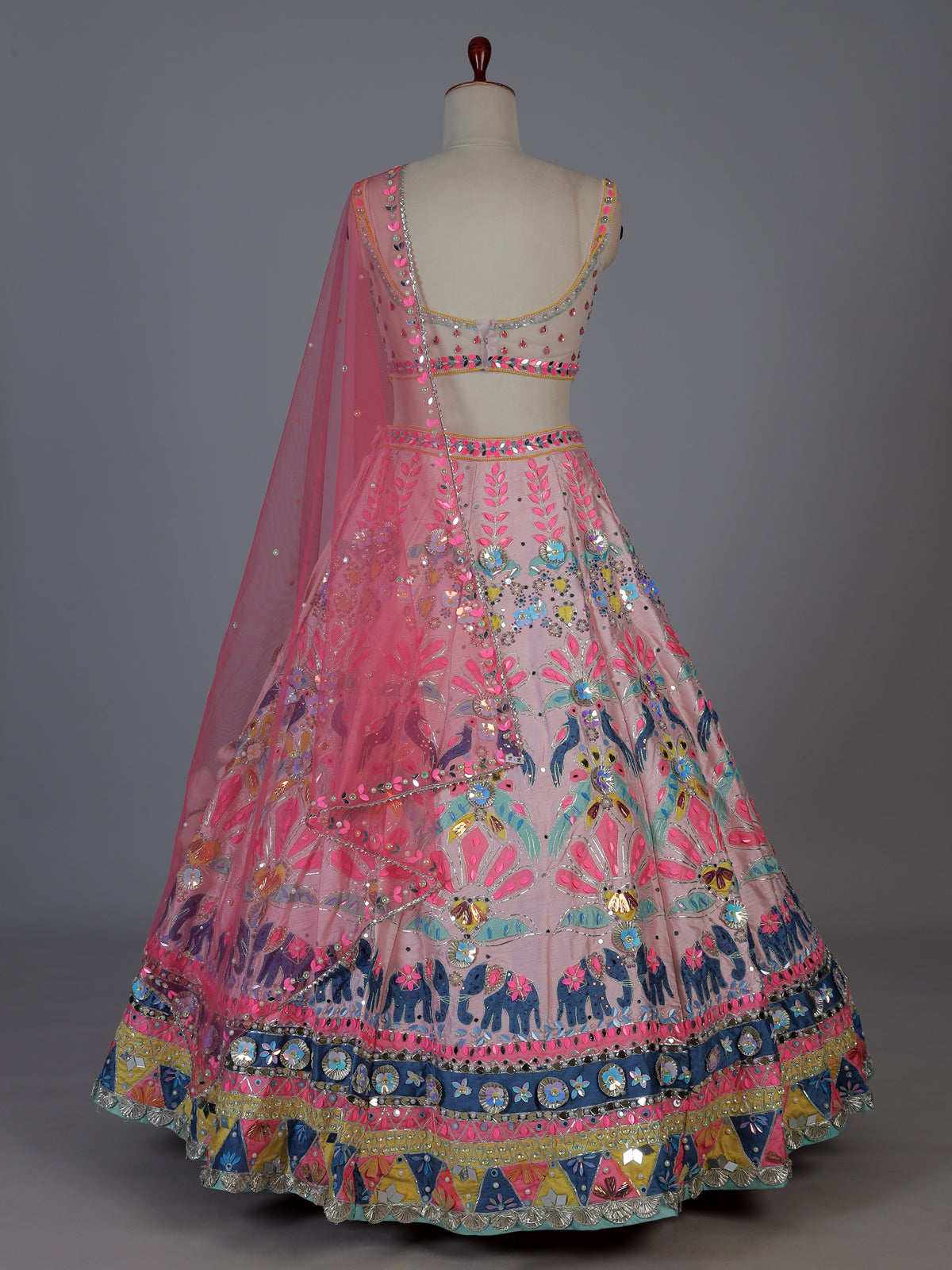 Pink raw silk elephant motif festive lehenga choli
