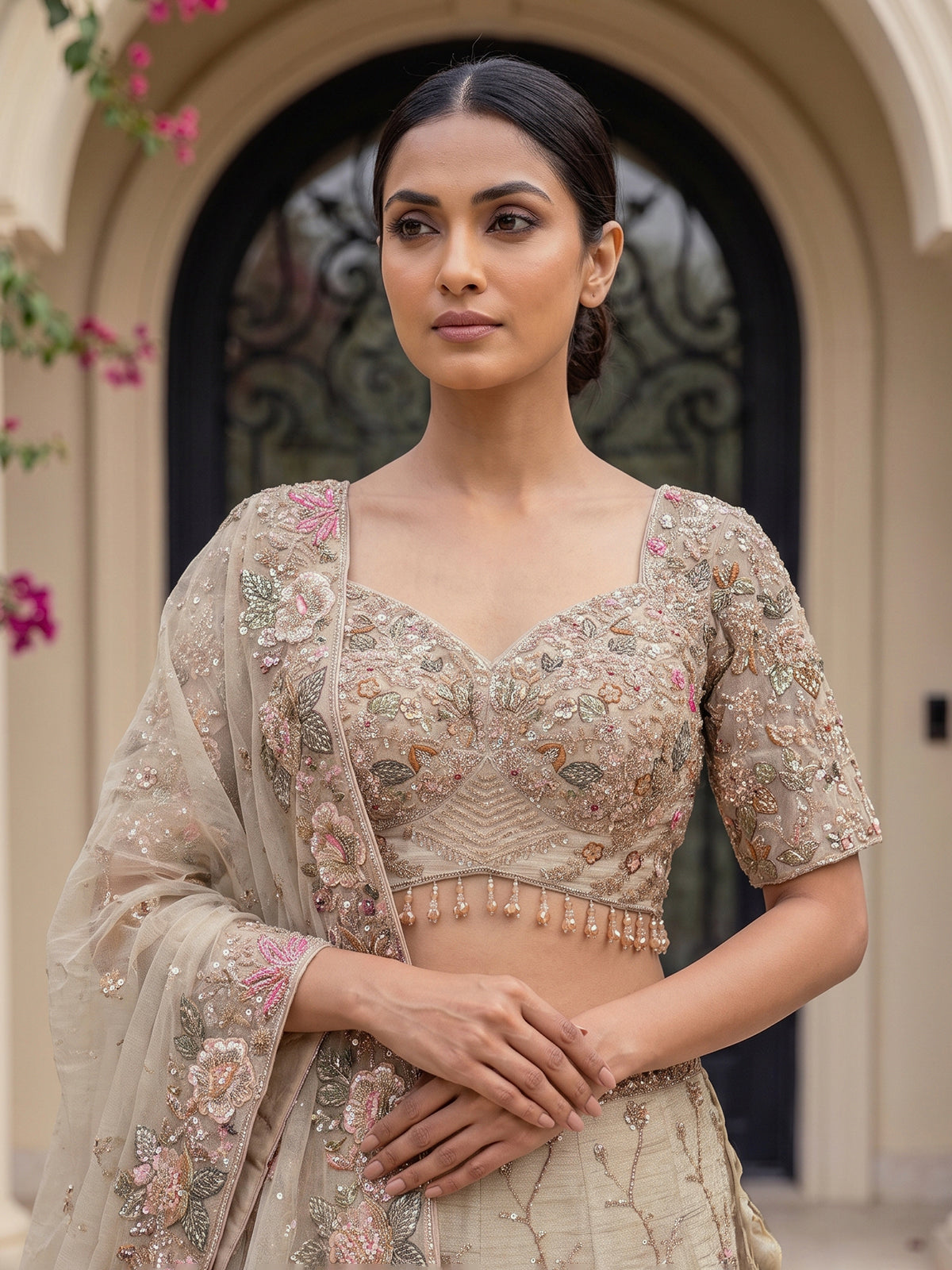 Gold shimmer silk embroidered festive lehenga choli