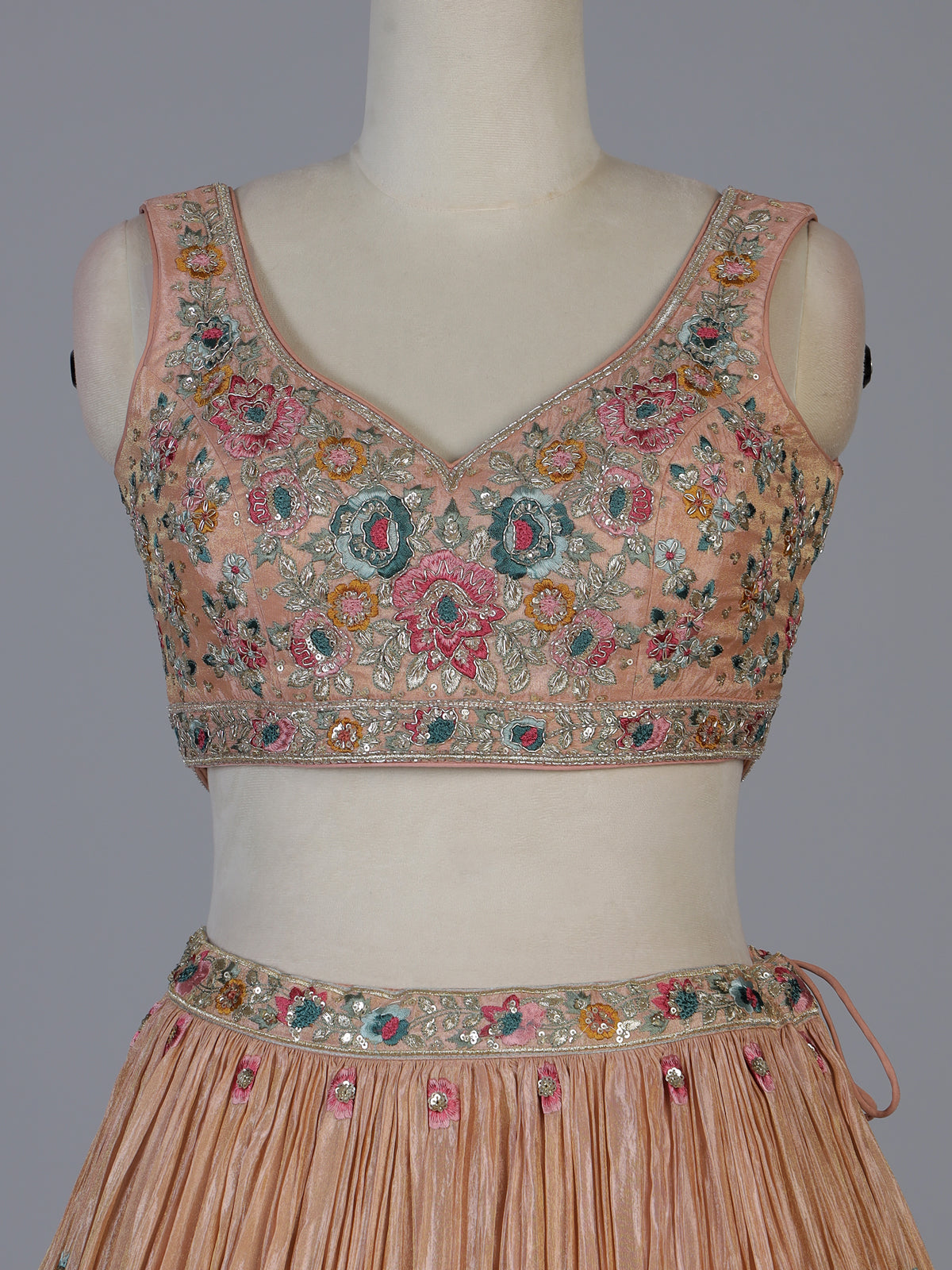 Peach crepe silk blooming garden lehenga choli