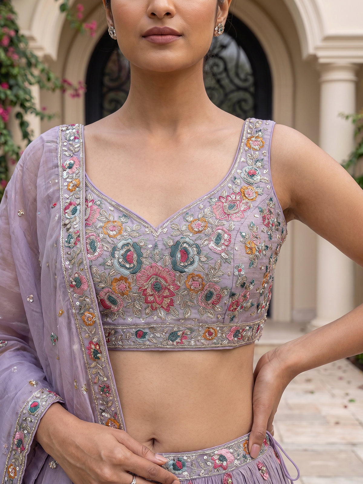 Lavender crepe silk floral garden lehenga ensemble