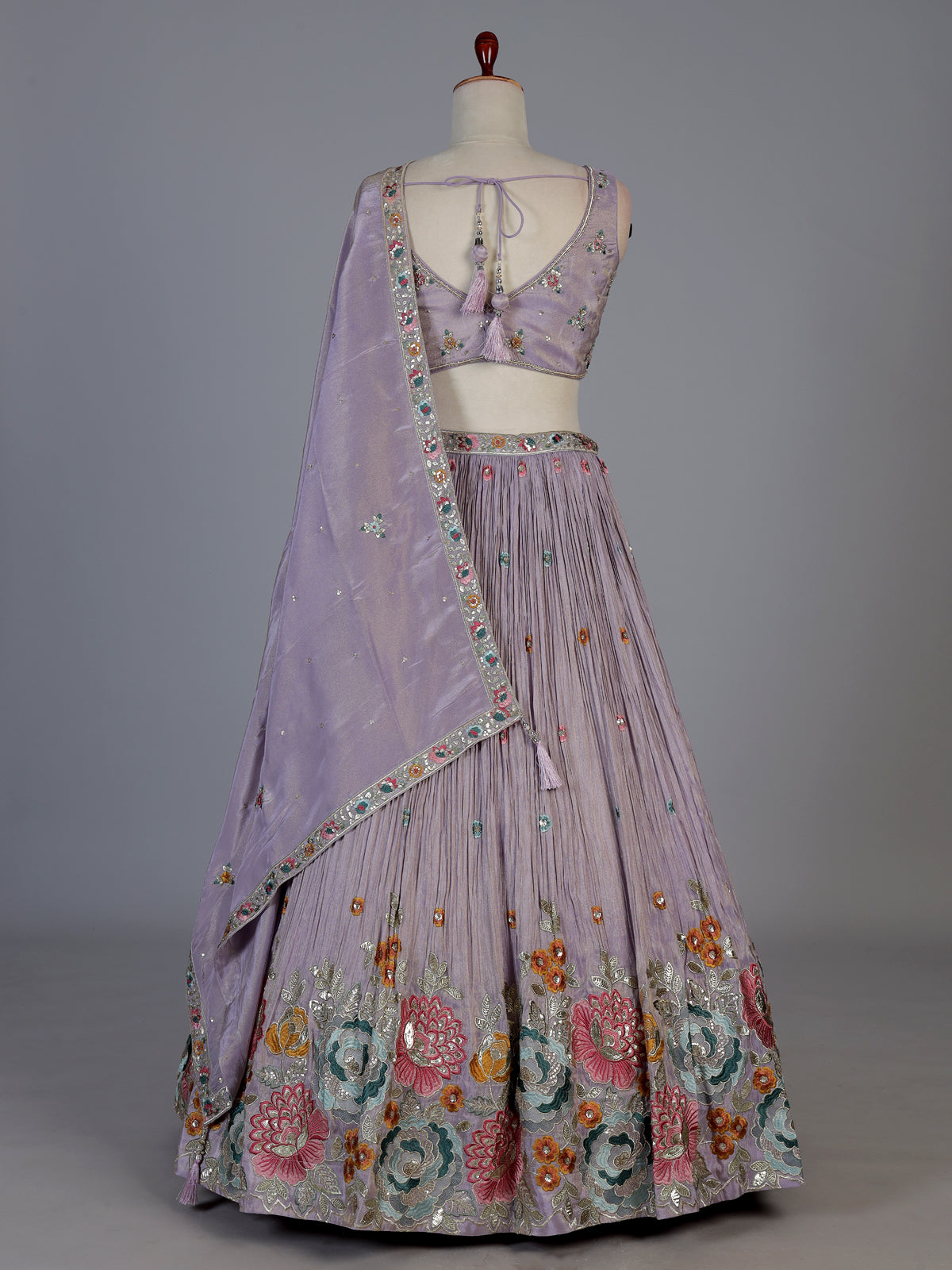 Lavender crepe silk floral garden lehenga ensemble