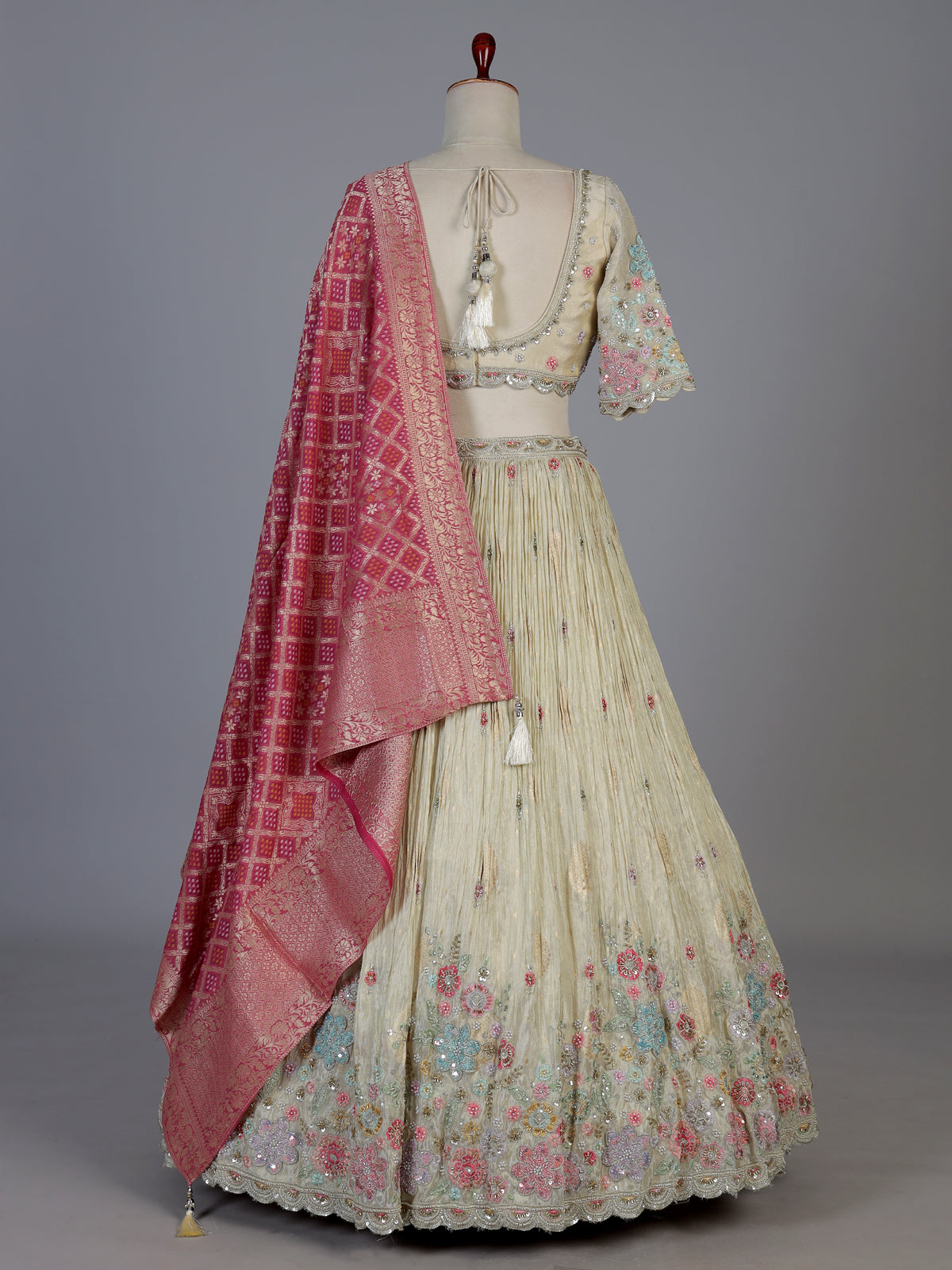 Golden crepe silk botanical embroidered lehenga attire
