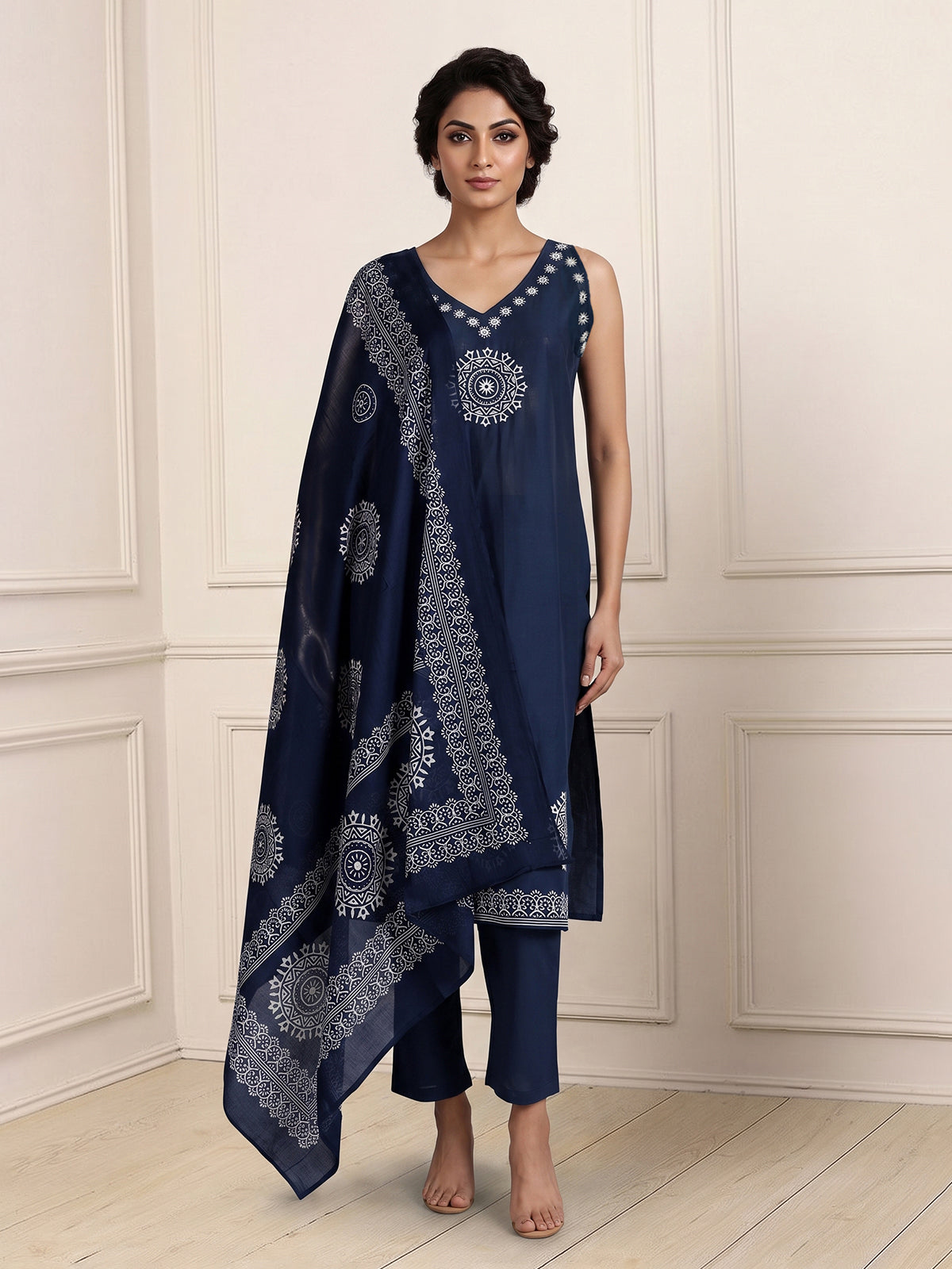 Navy cotton embroidered straight kurti set with dupatta