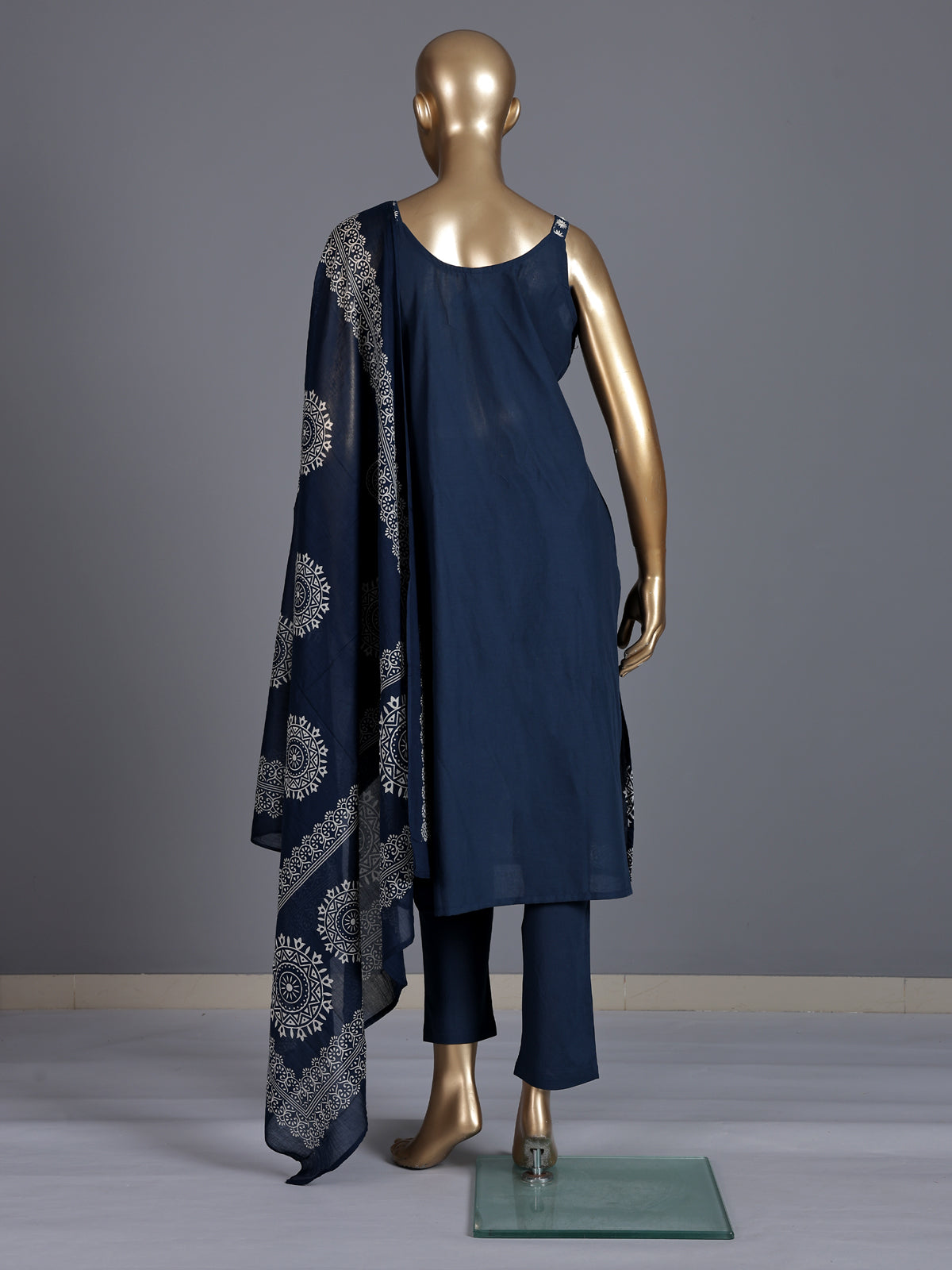 Navy cotton embroidered straight kurti set with dupatta