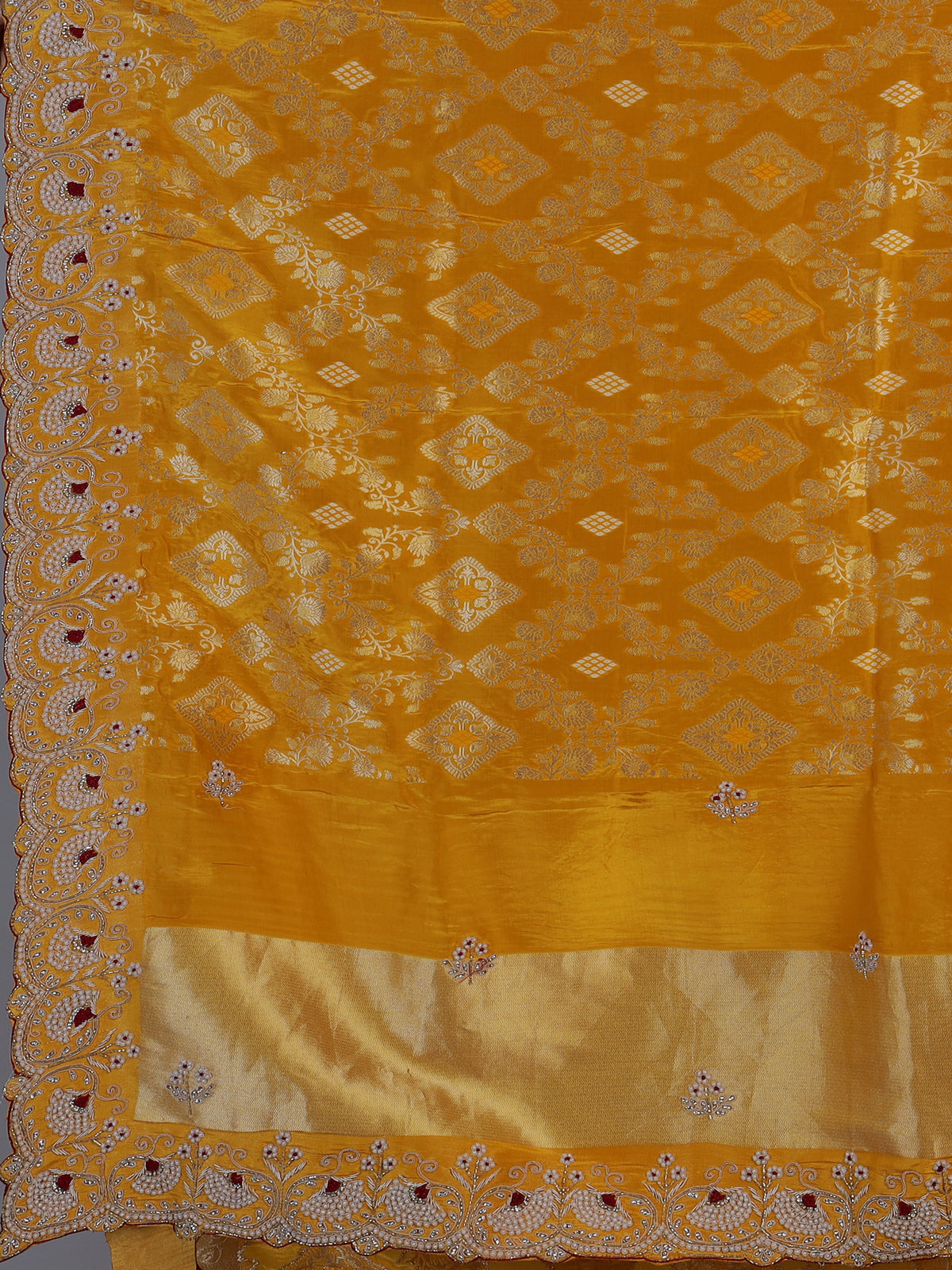 Yellow dola silk scalloped festive saree