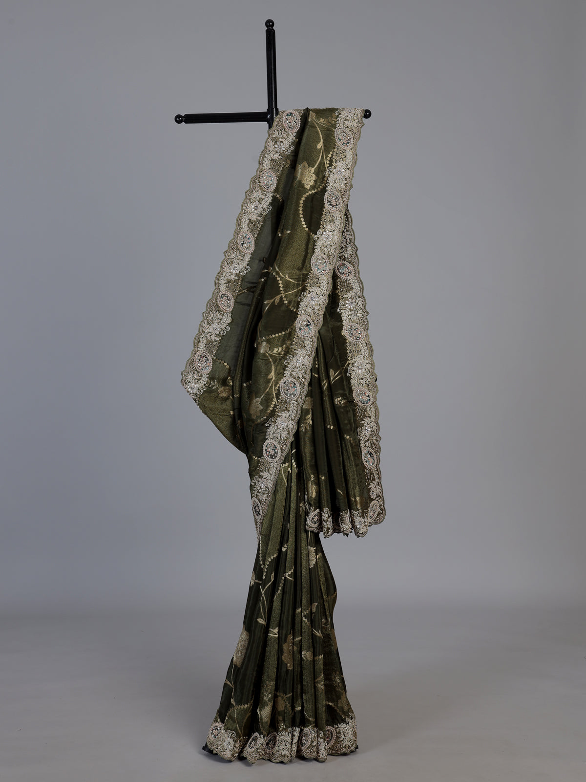 Green dola silk floral embroidered festive saree