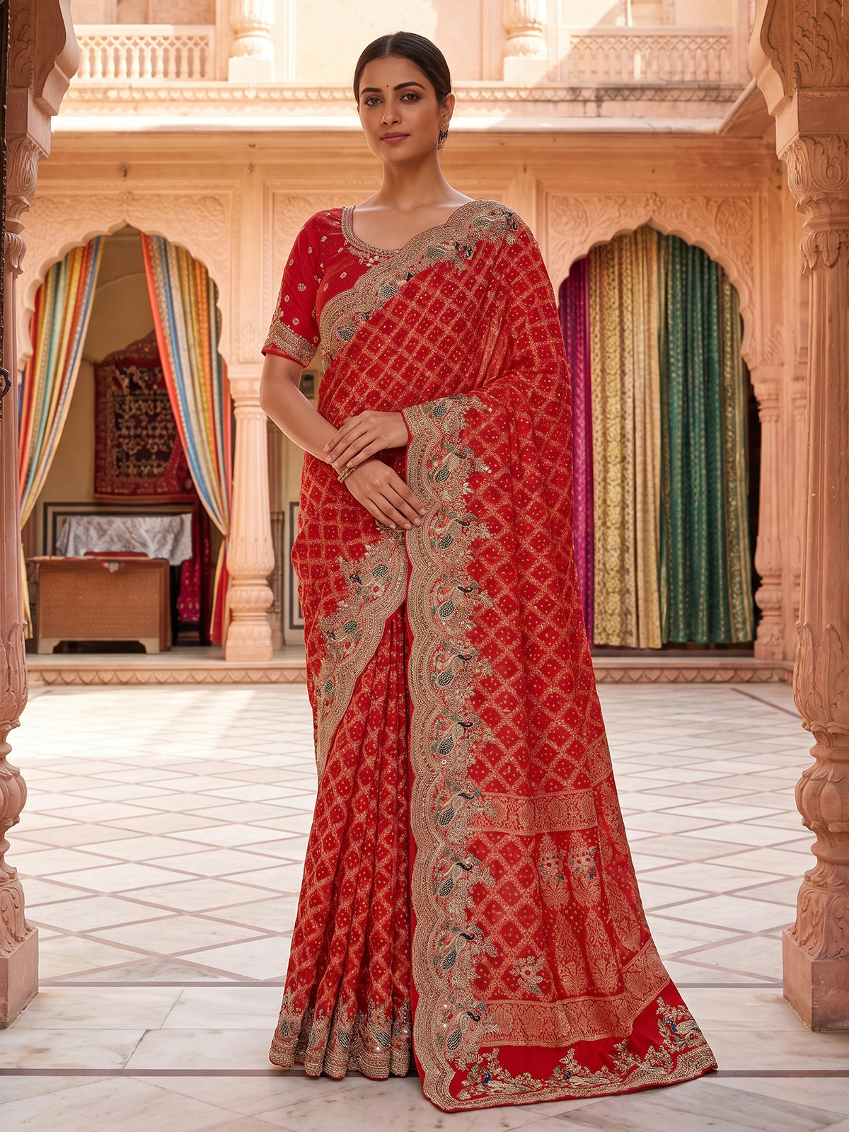 Red bandhani georgette royal saree