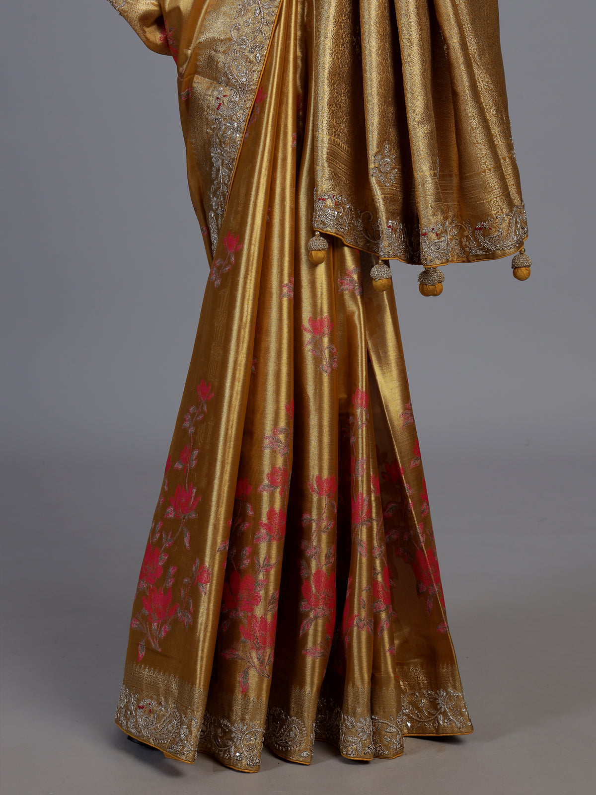 Mustard yellow floral designer tissue silk saree