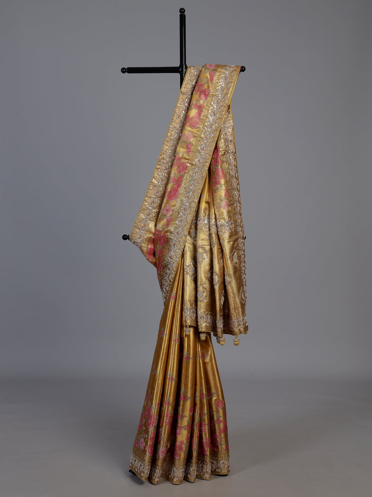 Mustard yellow tissue silk saree with floral print