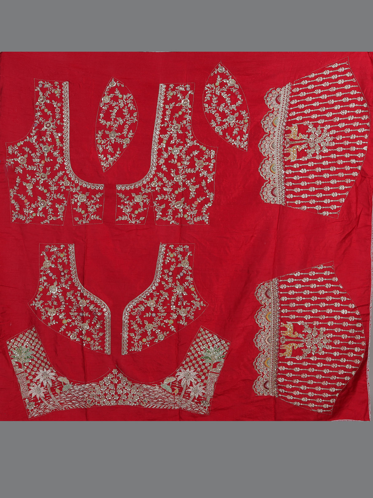 Red raw silk bridal unstitched lehenga choli with zardosi embellishments
