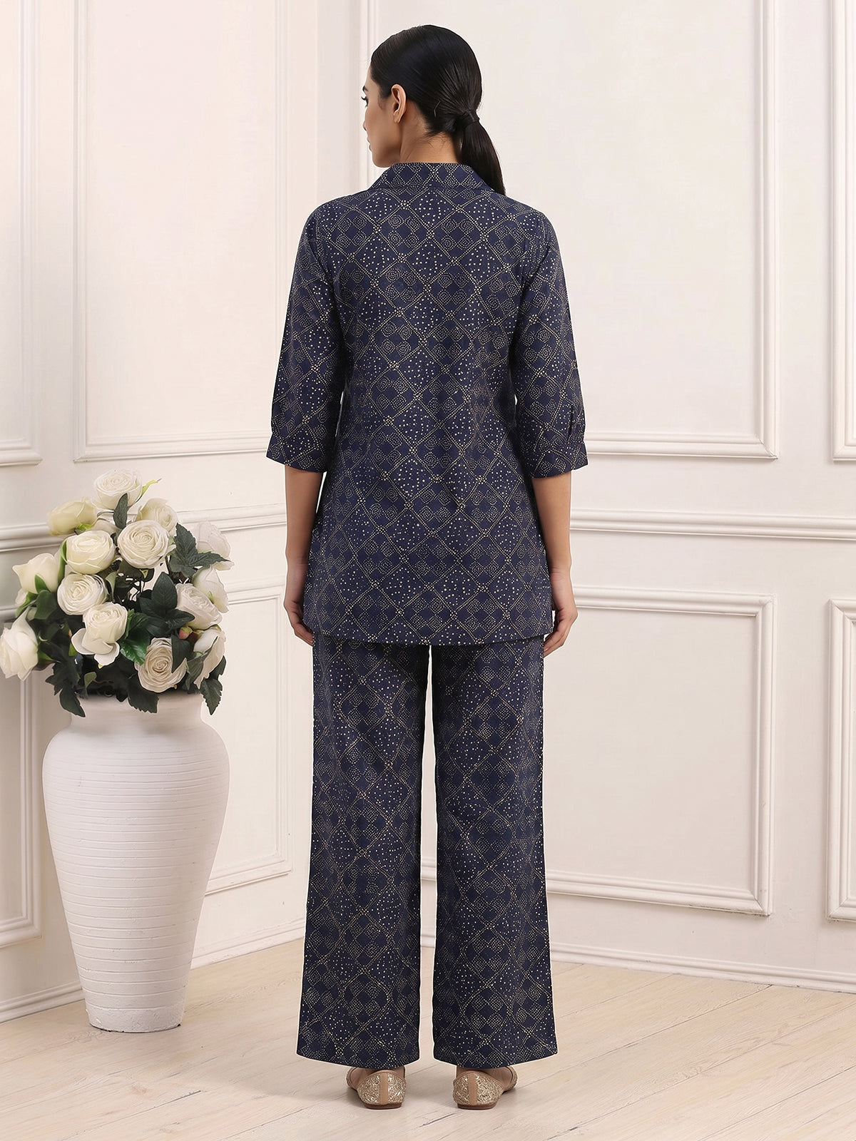 Blue silk Bandhej printed palazzo co ord set with V-neckline
