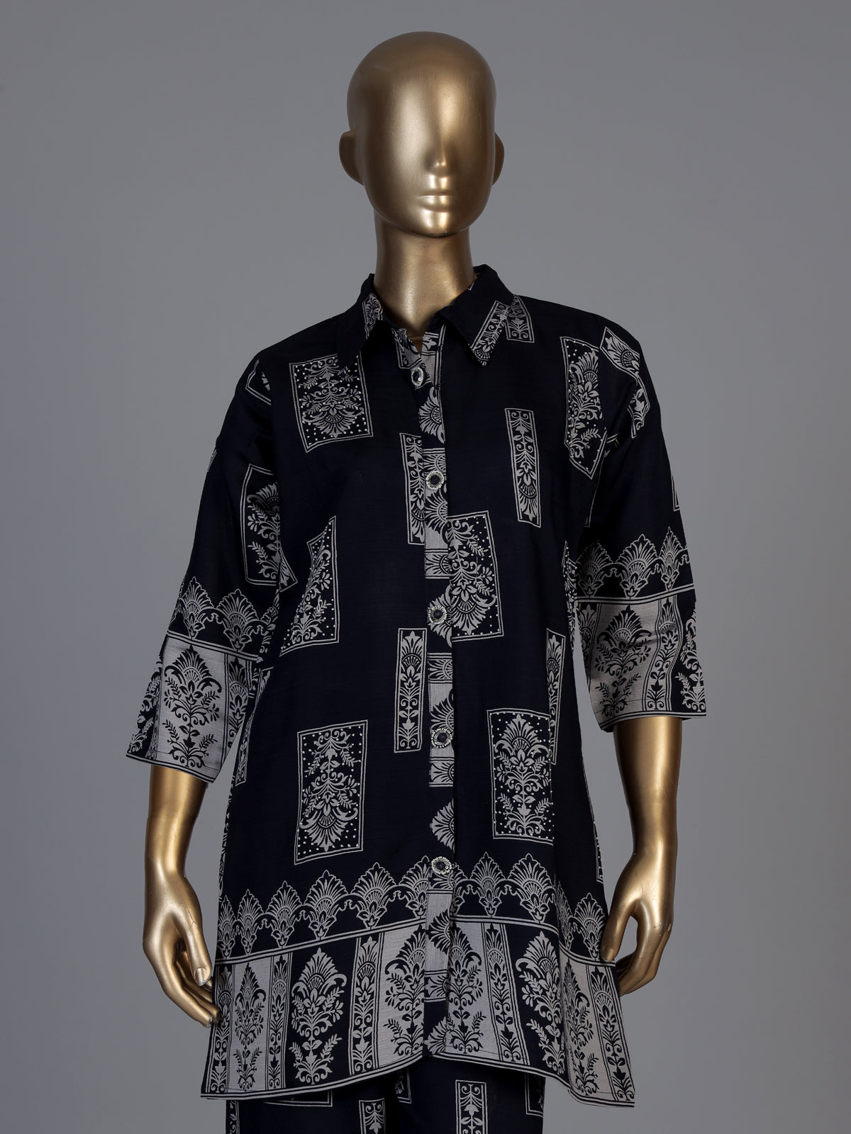 Navy silk printed palazzo co ord set with delicate beadwork