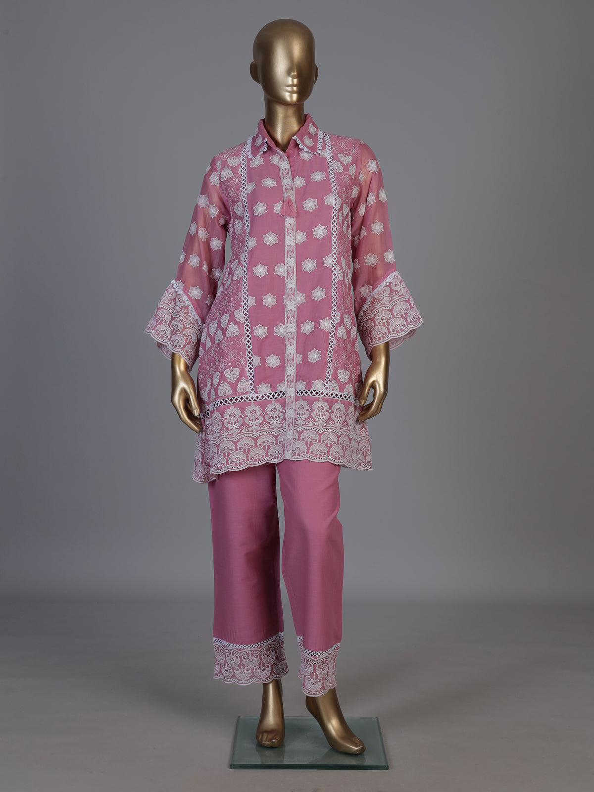 Pink tissue co ord set with delicate Lucknowi work detailing