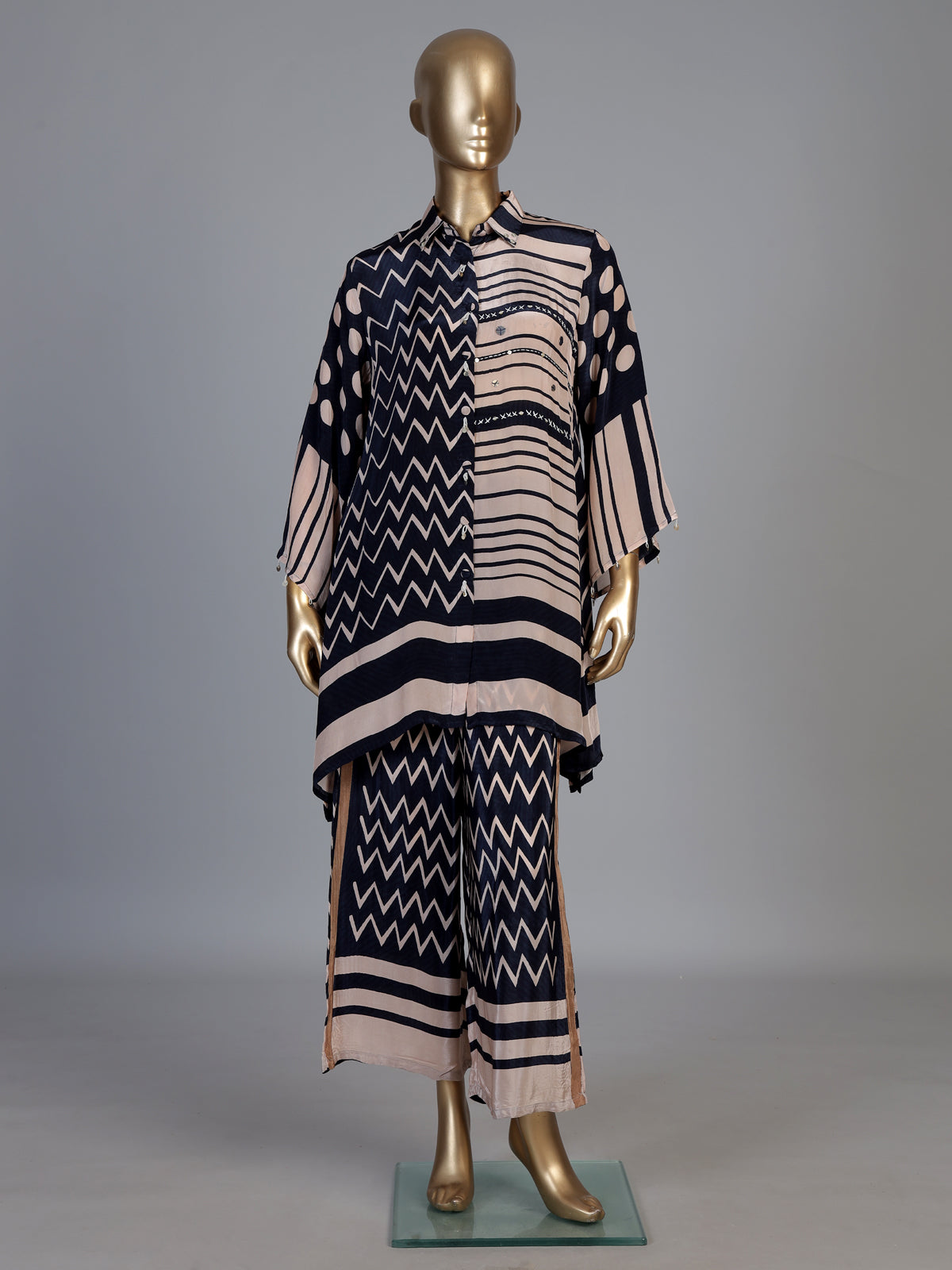 Black crepe silk printed palazzo co ord set with thread work