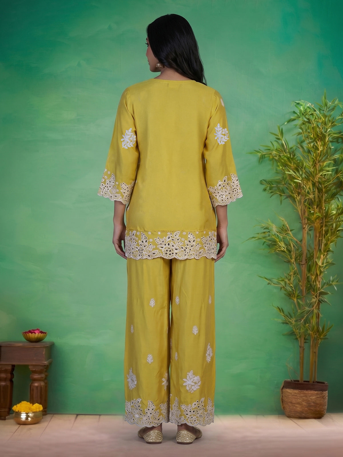 Mustard yellow silk lucknowi work palazzo kurti set for women