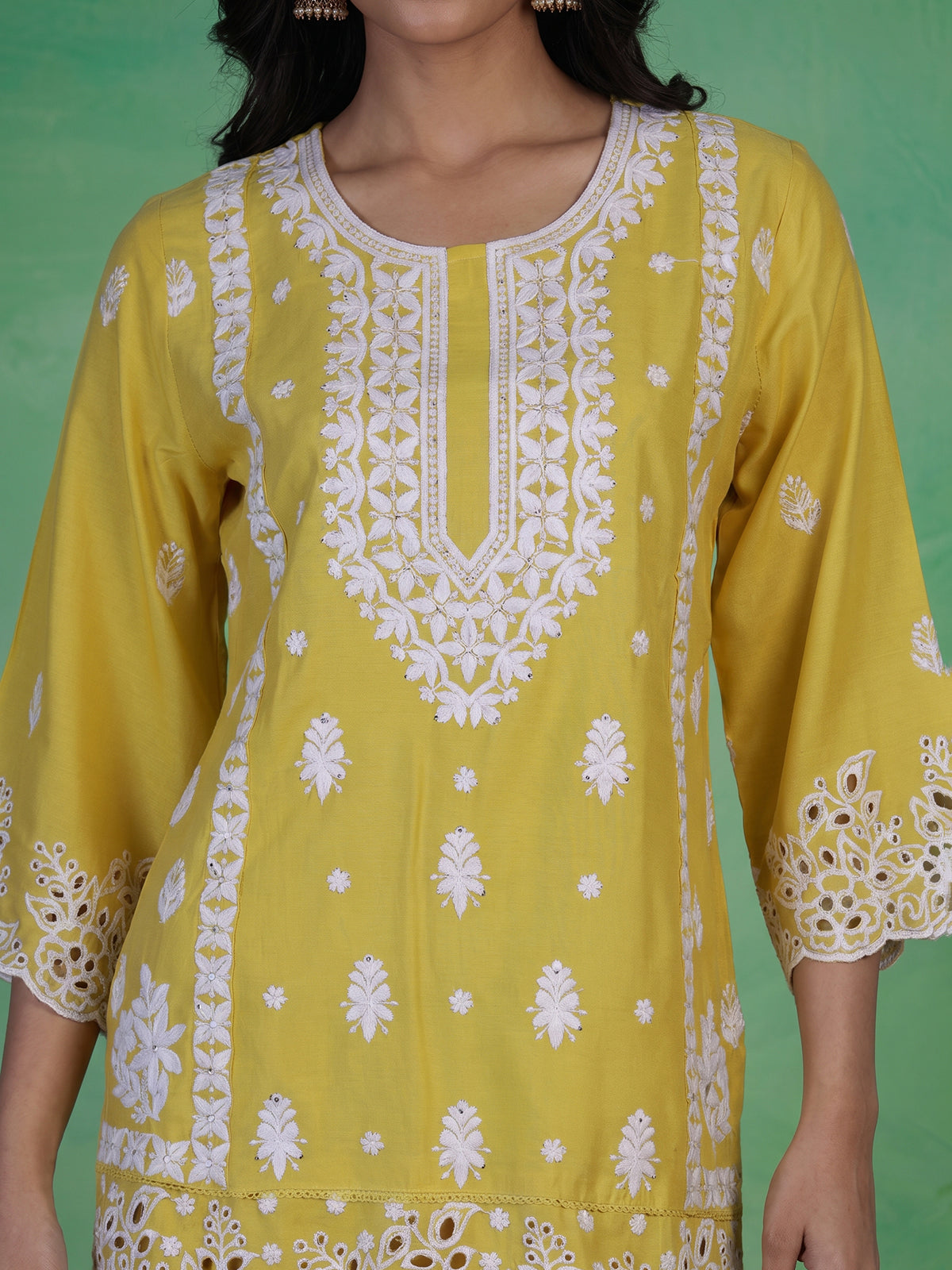 Mustard yellow silk lucknowi work palazzo kurti set for women