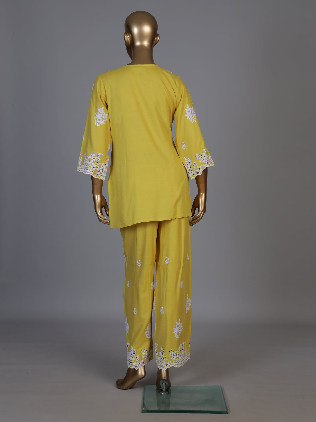 Mustard yellow silk lucknowi work palazzo kurti set for women