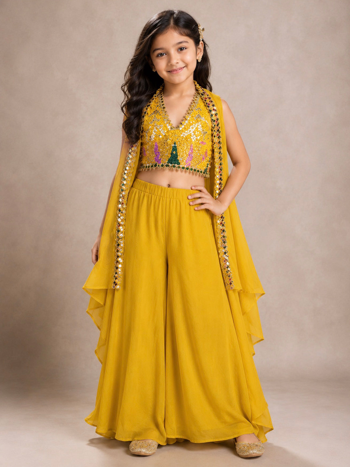 Mustard yellow georgette silk girls palazzo suit with designer shrug