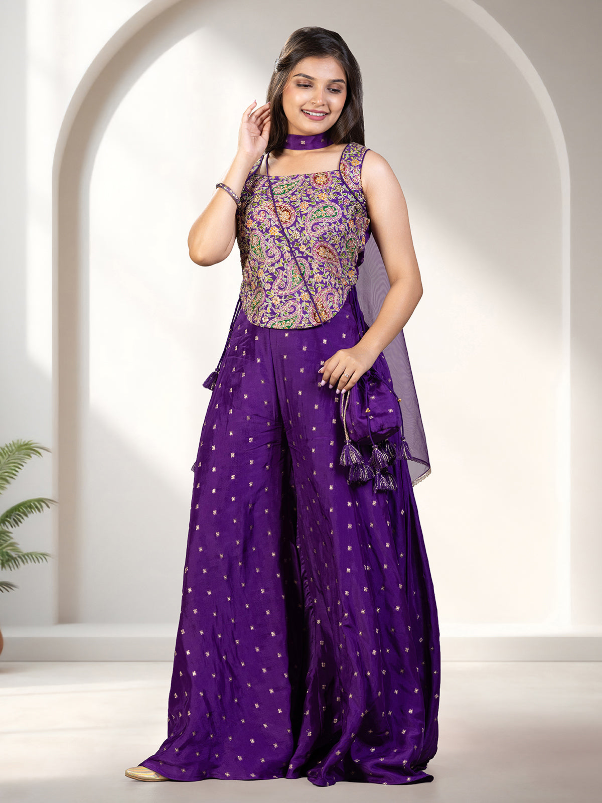 Purple printed silk girls palazzo suit with choker dupatta