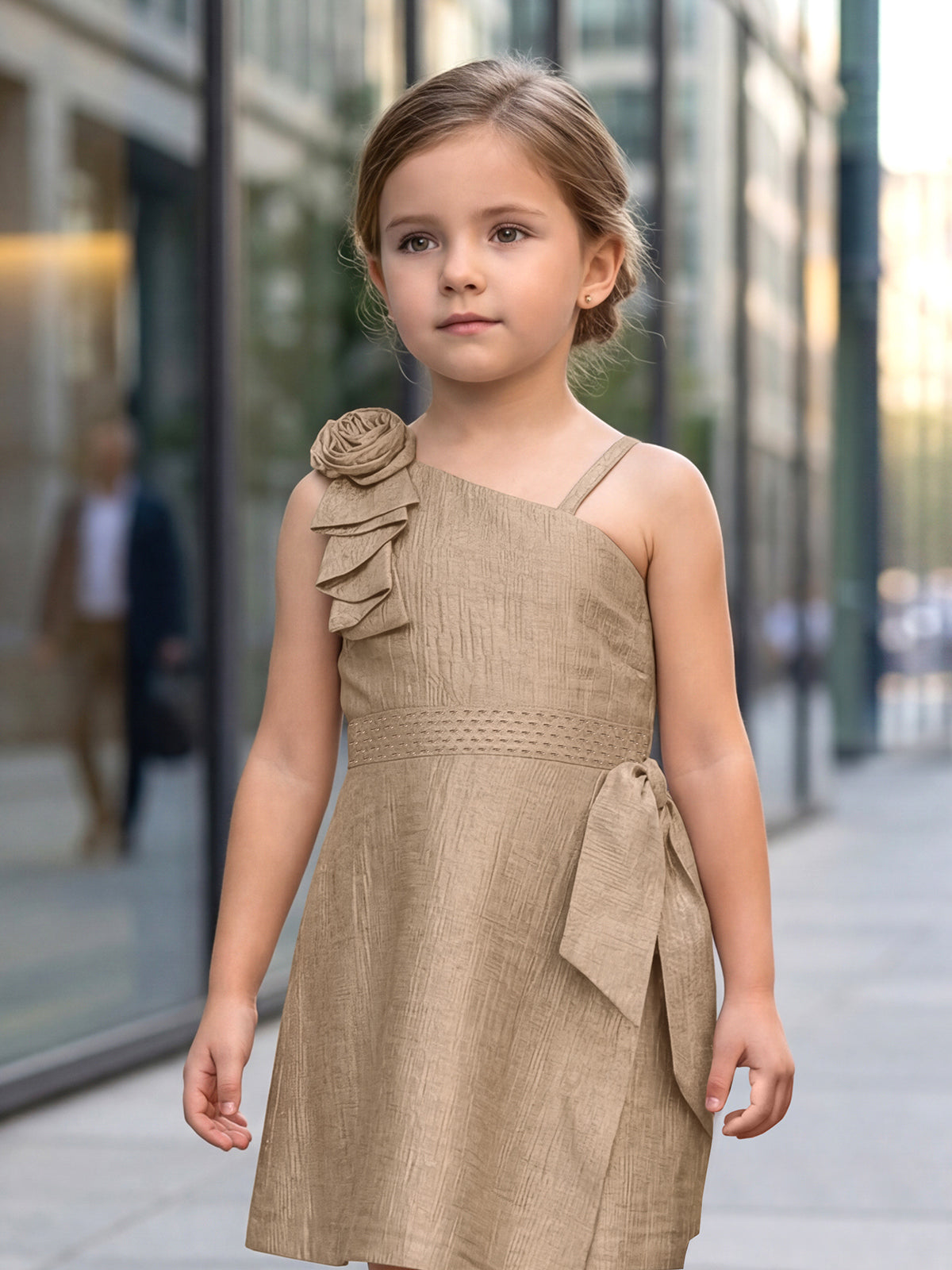 Light brown linen silk one shoulder girls dress