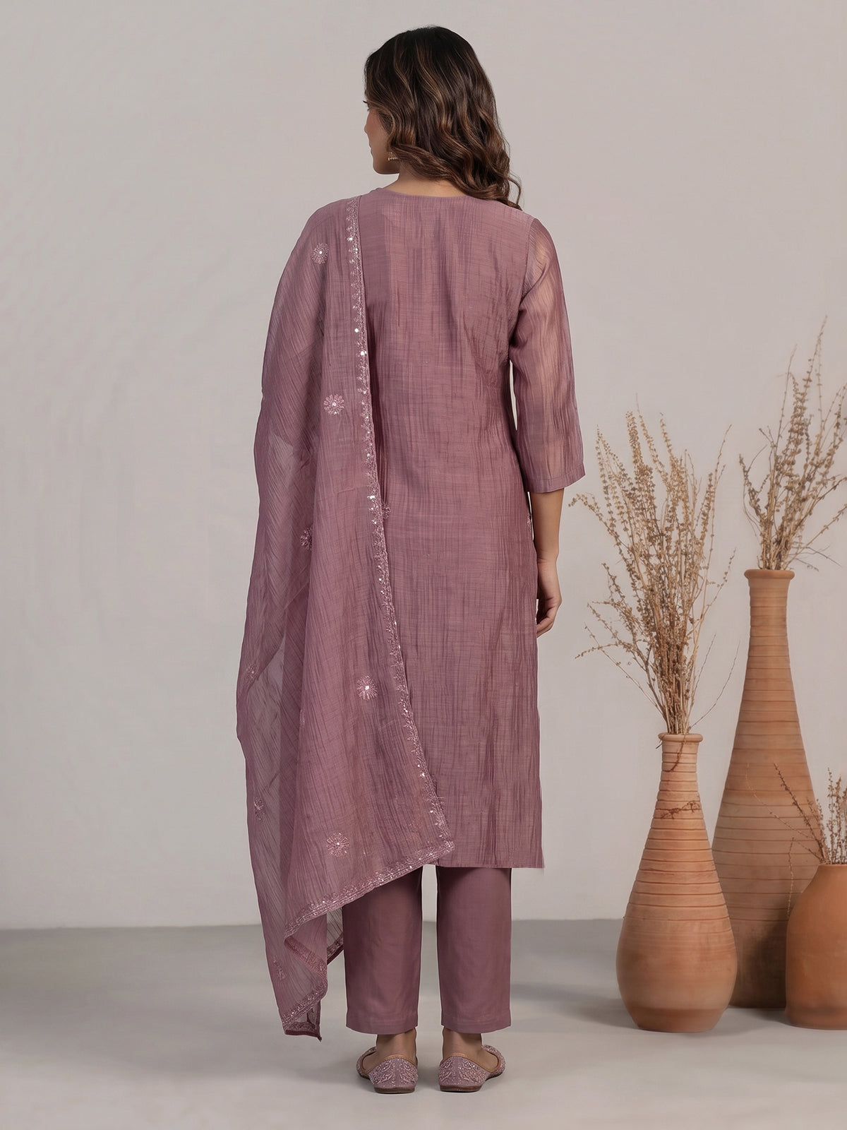 Onion pink tissue embellished kurti set with elegant pants