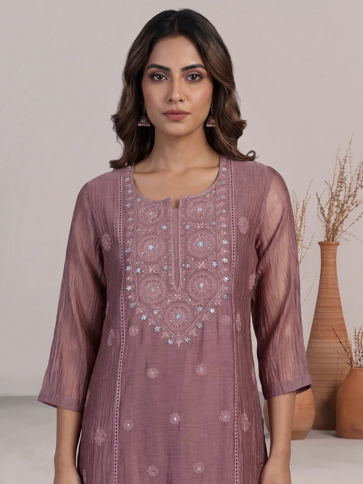 Onion pink tissue embellished kurti set with elegant pants