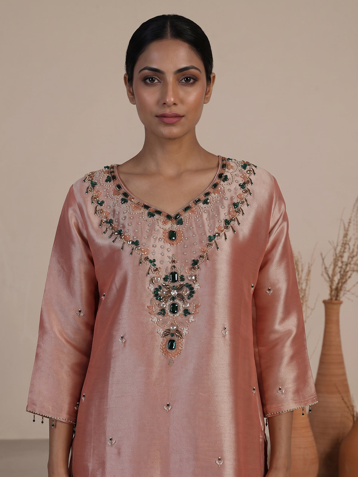 Pastel pink silk embellished palazzo set with zari dupatta