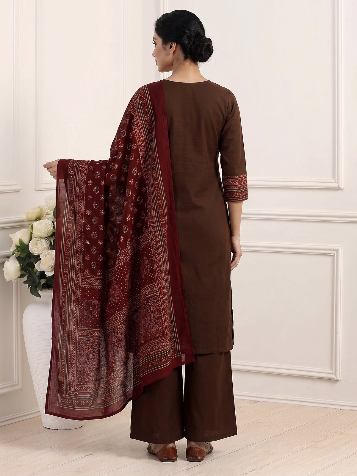 Brown cotton printed palazzo set with mirror detailing