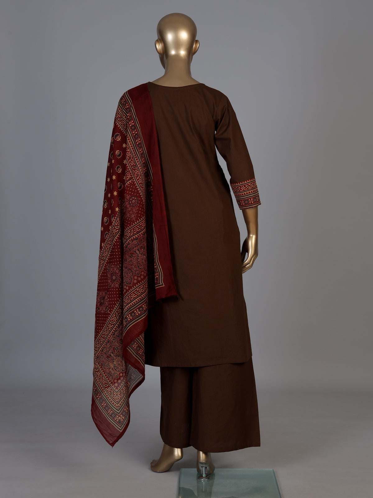 Brown cotton printed palazzo set with mirror detailing