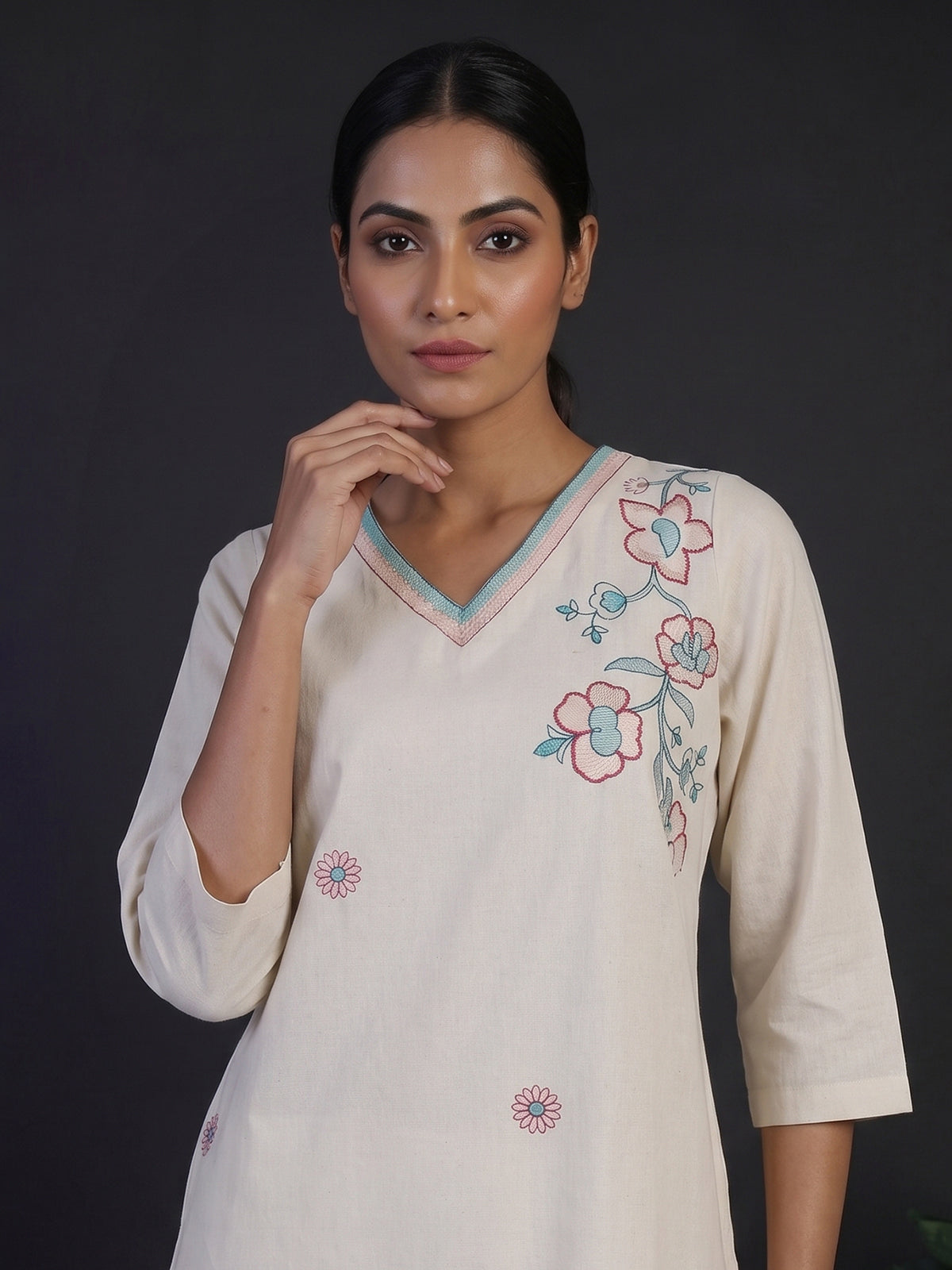 Cream linen straight cut kurti set with palazzo
